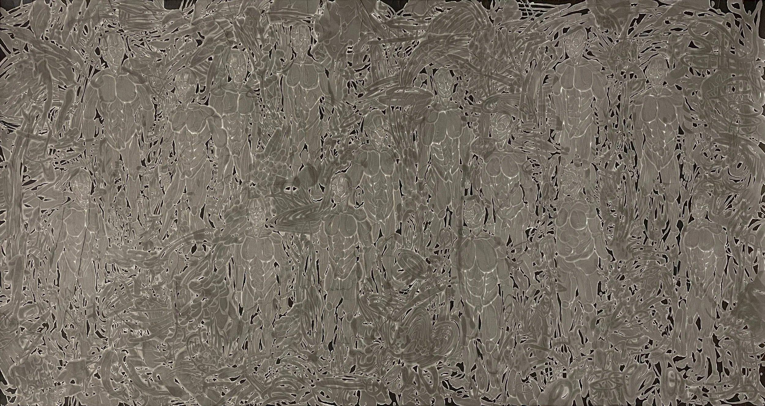 A detailed pattern of insects, including ants, bees, butterflies, and other small bugs, densely packed and arranged in various orientations.