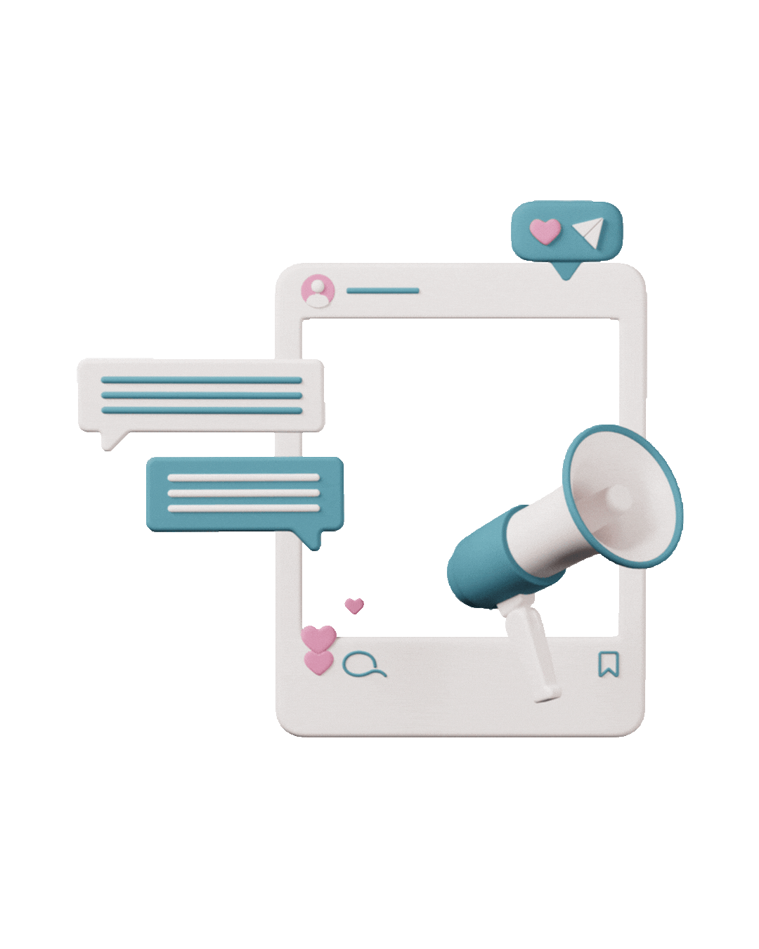 A digital illustration of a smartphone with social media icons, speech bubbles, a megaphone, and hearts, representing social media engagement and communication.