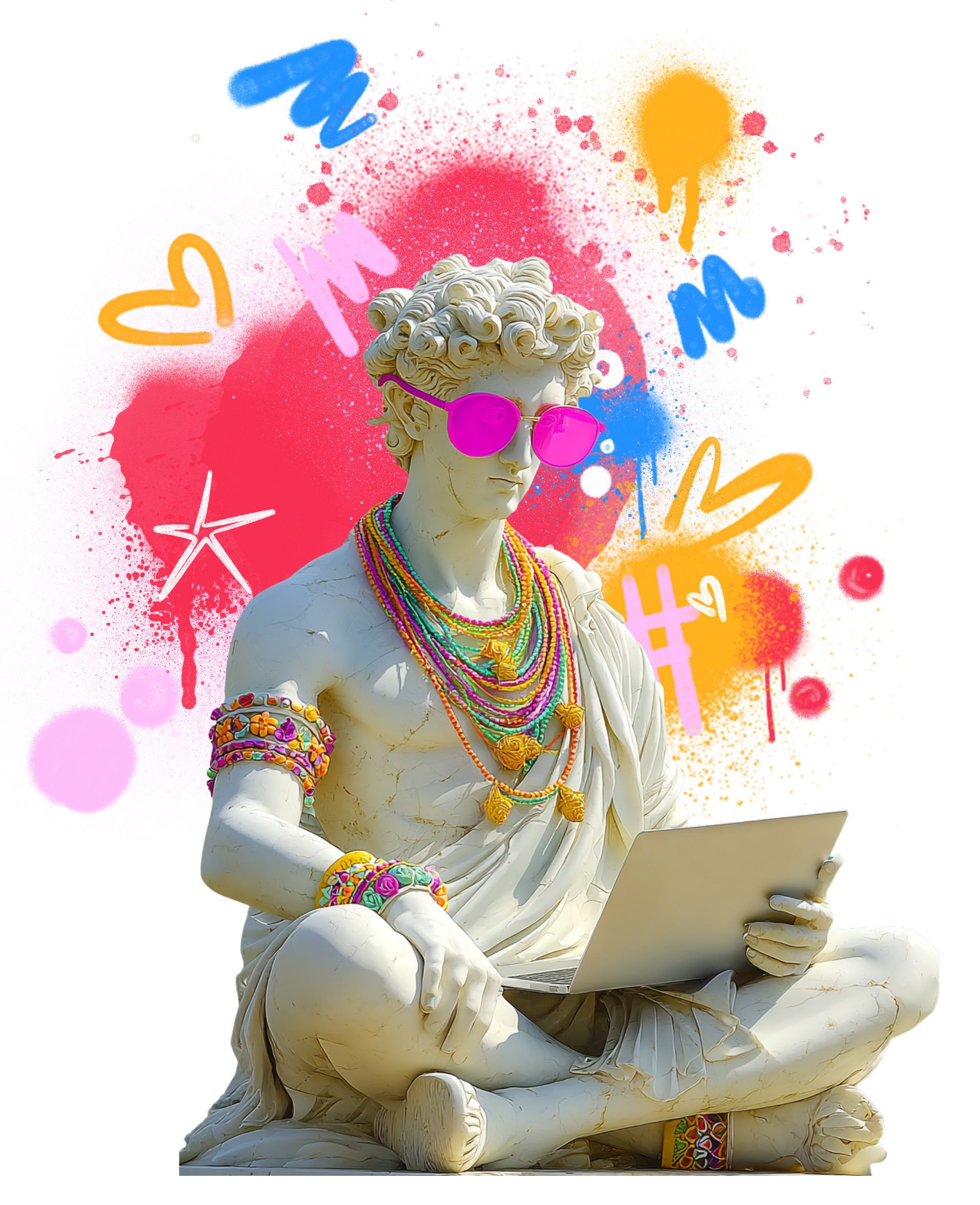 A classical statue of a seated man with curly hair, wearing colorful jewelry and pink sunglasses, using a laptop, with a vibrant graffiti-style background.