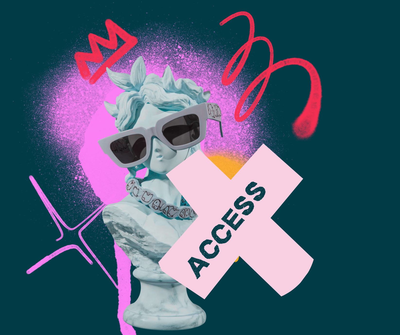 Group of six diverse adults posing together indoors against a plain wall, with natural light casting shadows.