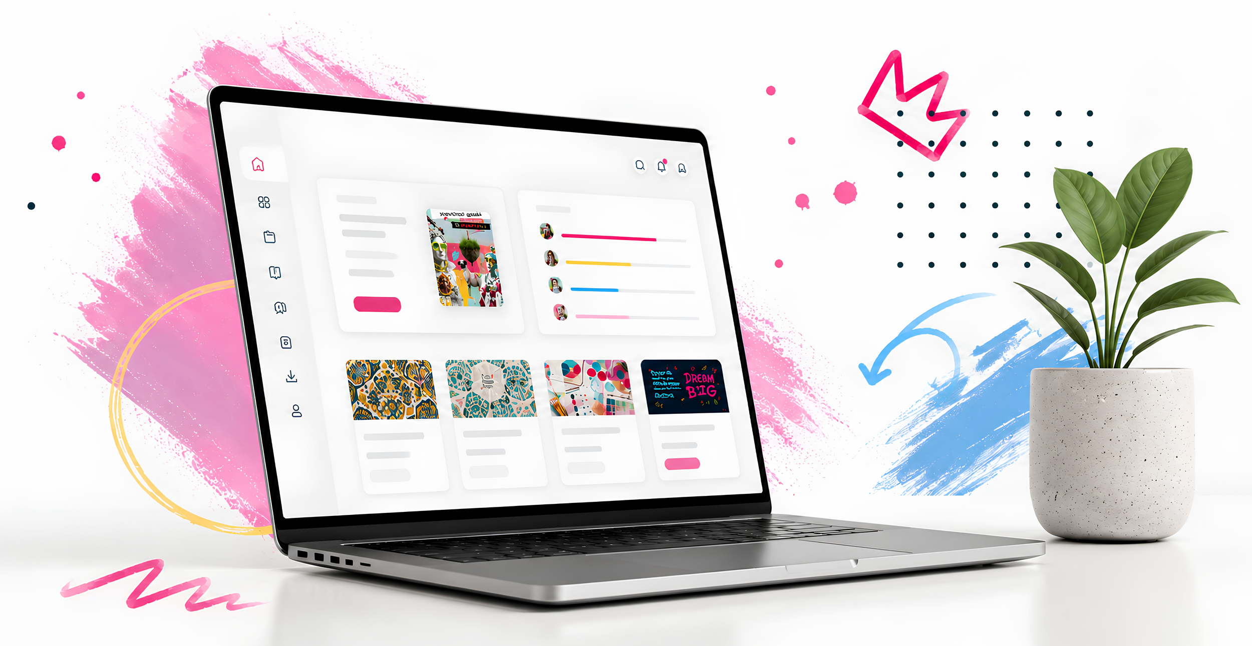 A laptop displaying a colorful digital art platform with various art pieces and editing tools, placed next to a potted green plant on a white surface with pink, blue, and yellow abstract design elements in the background.