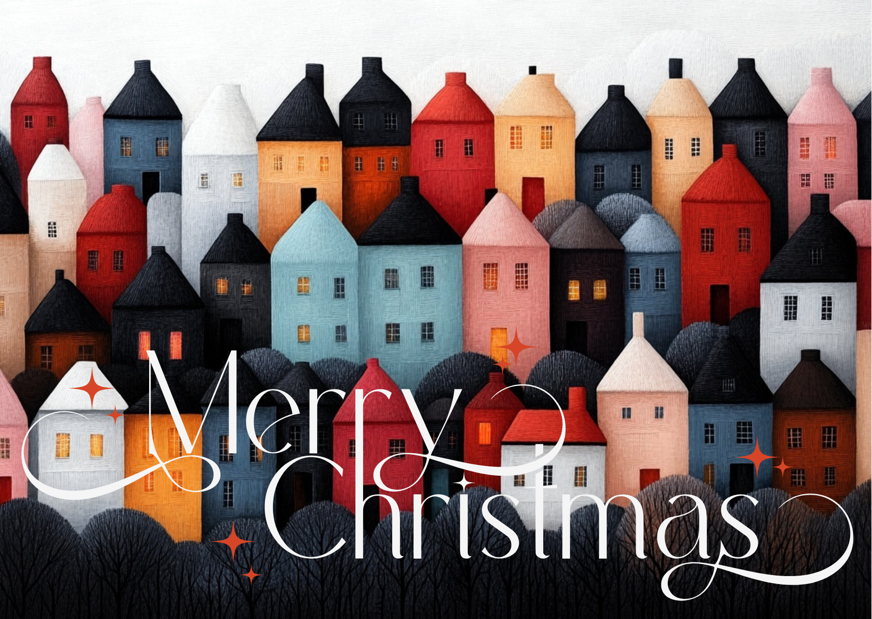 Colorful paper cut-out houses with illuminated windows, trees in the foreground, and a 'Merry Christmas' message with stars overlayed.