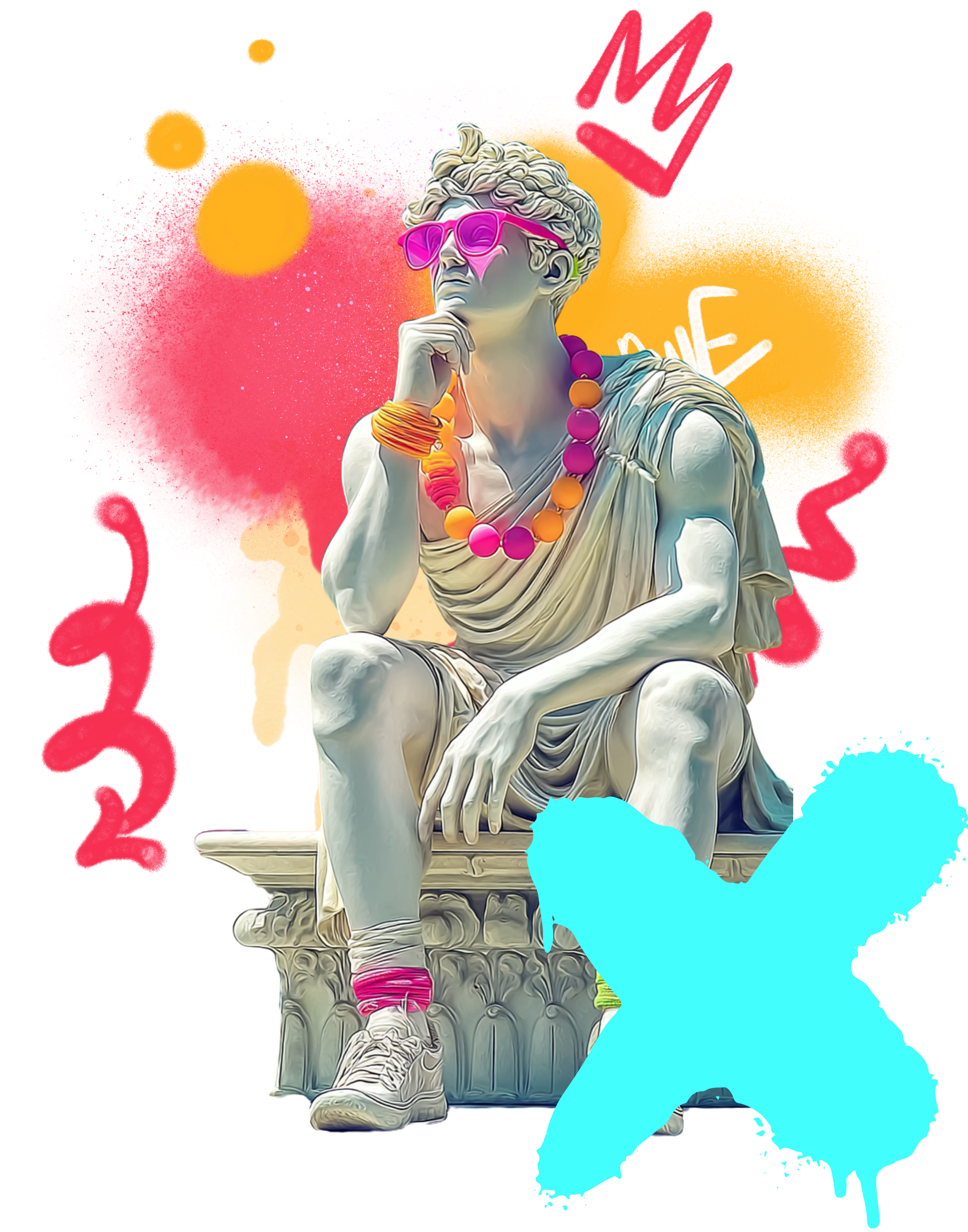 A stylized digital illustration of the statue of David wearing pink sunglasses, a colorful beaded necklace, and sneakers. The background features vibrant splashes of pink, yellow, blue, and black with graffiti-style text and markings.