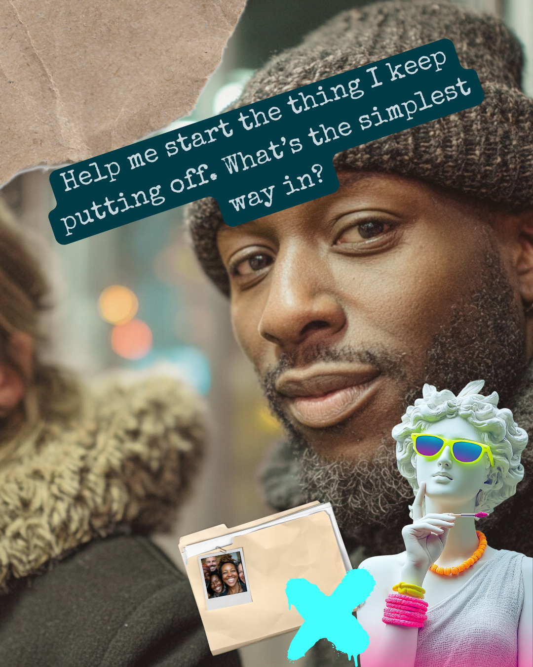 A close-up of a man with a beard wearing a knit beanie, looking at the camera with a subtle smile, holding a photo folder with a small photo of a group of smiling people, and overlaid text asking for help to start putting on a coat.