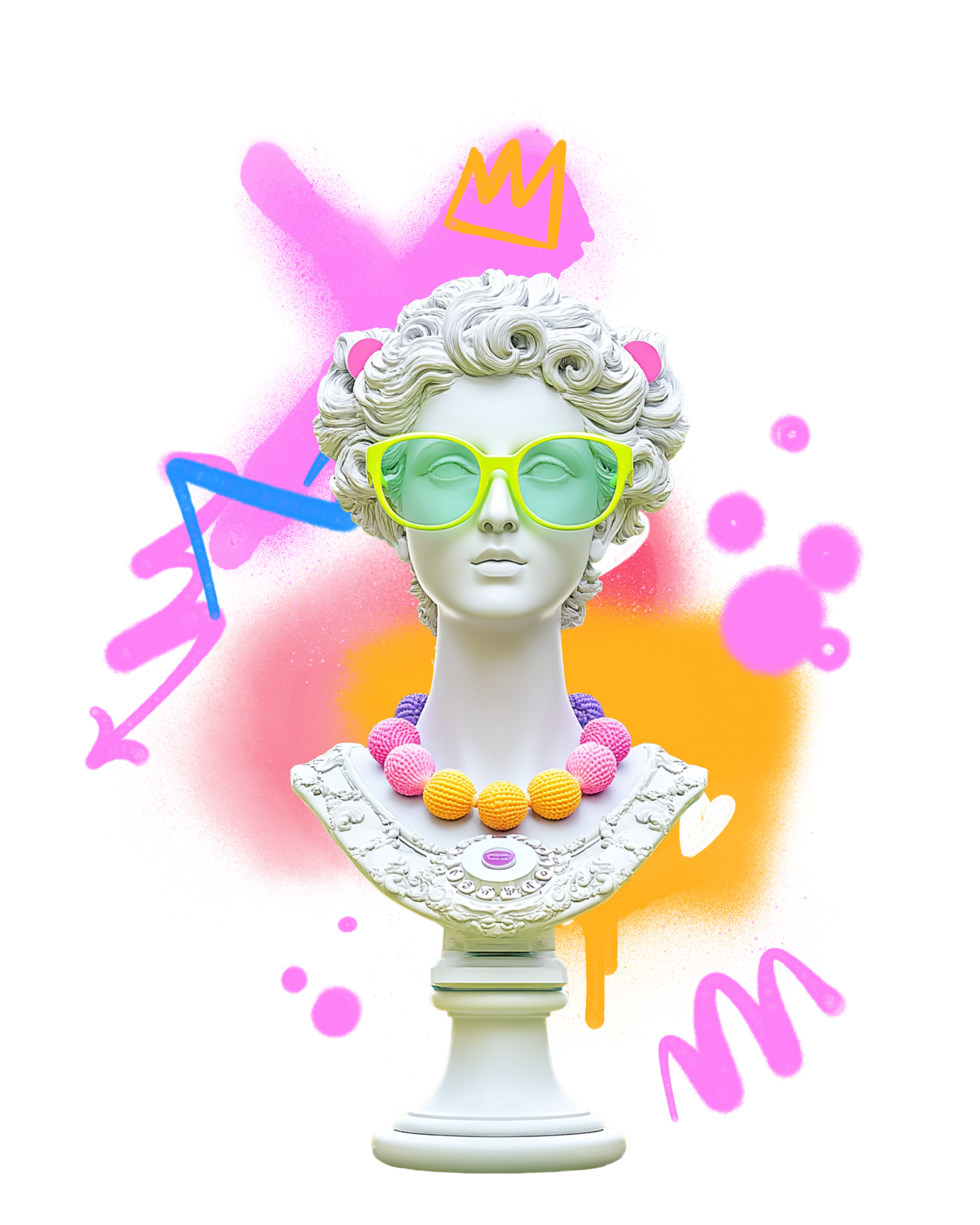 A white classical bust of a woman with curly hair, wearing large yellow-green sunglasses, a pink and yellow beaded necklace, and pink cat ears. The bust is on a white pedestal against a bright, colorful background with pink, yellow, and blue abstract shapes and splashes of paint.