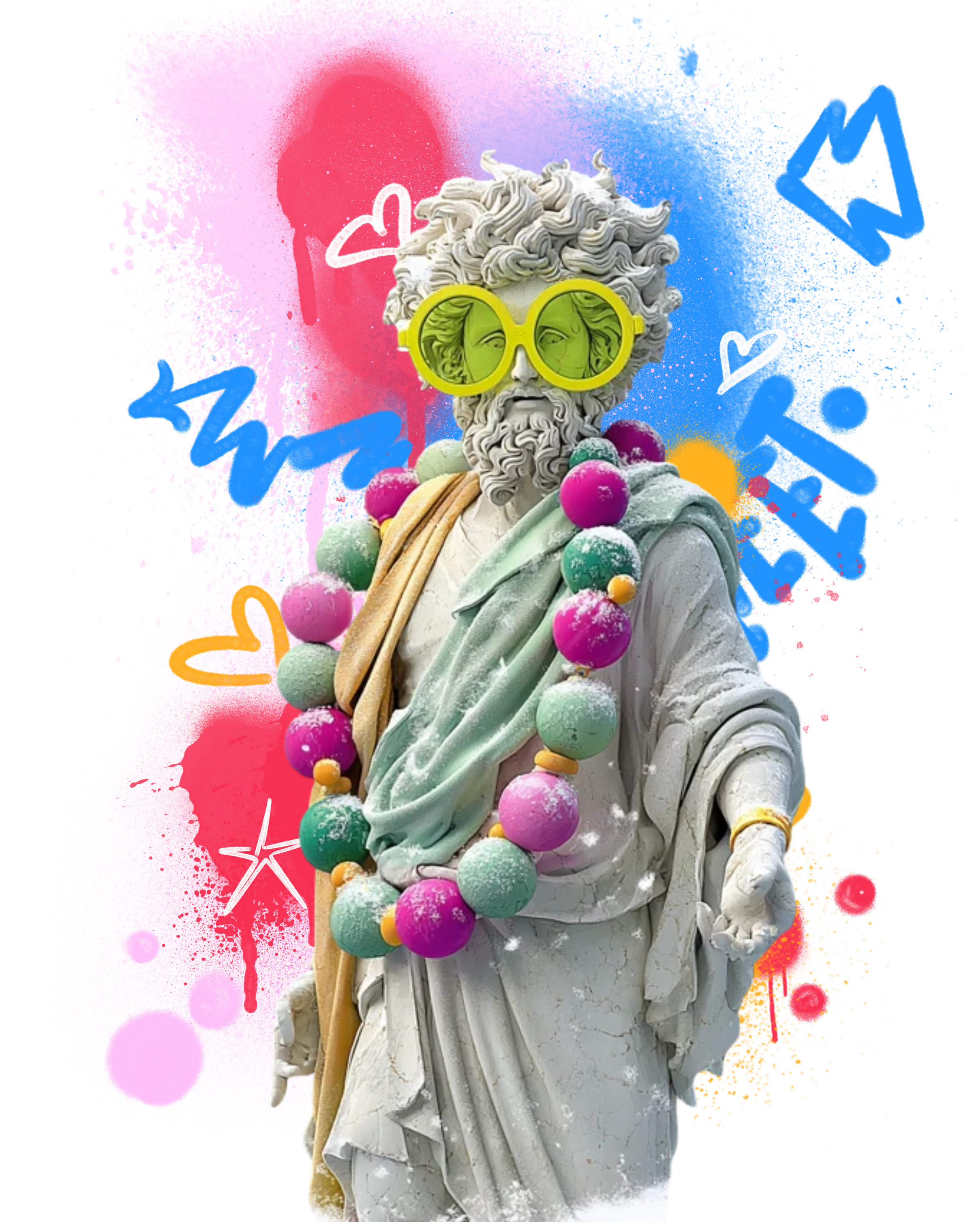 Modern artistic depiction of a classical statue of a bearded man with curly hair, wearing yellow sunglasses, decorated with colorful ice-cream or candy-like beads, and surrounded by vibrant graffiti-style background with splashes of pink, blue, red, and orange, and doodle heart and star shapes.
