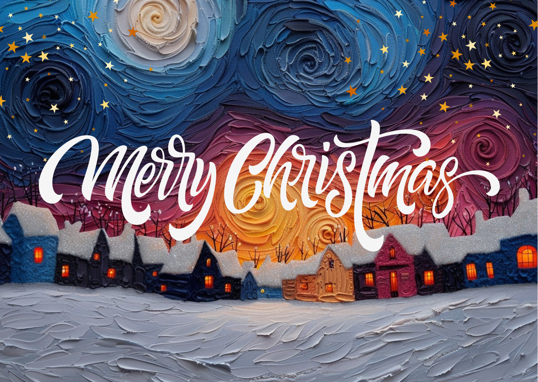 A colorful, textured winter scene with a starry sky, swirling clouds, snow-covered houses with lit windows, and the words 'Merry Christmas' written across the center.