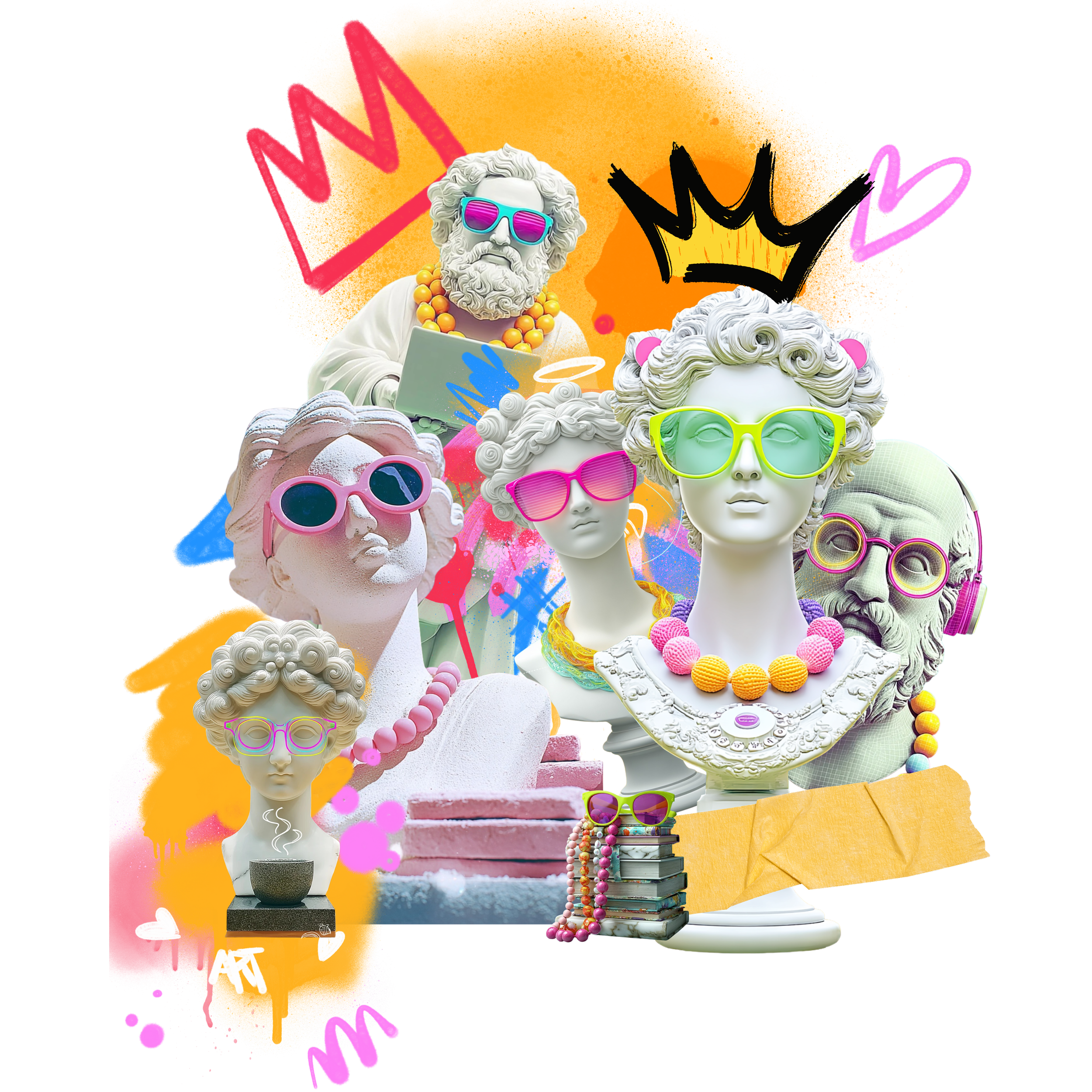 An artistic collage of classical busts with colorful modern accessories such as sunglasses, jewelry, and hats, set against a vibrant, graffiti-like background.