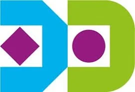 Abstract geometric design with blue, purple, green, and white shapes.