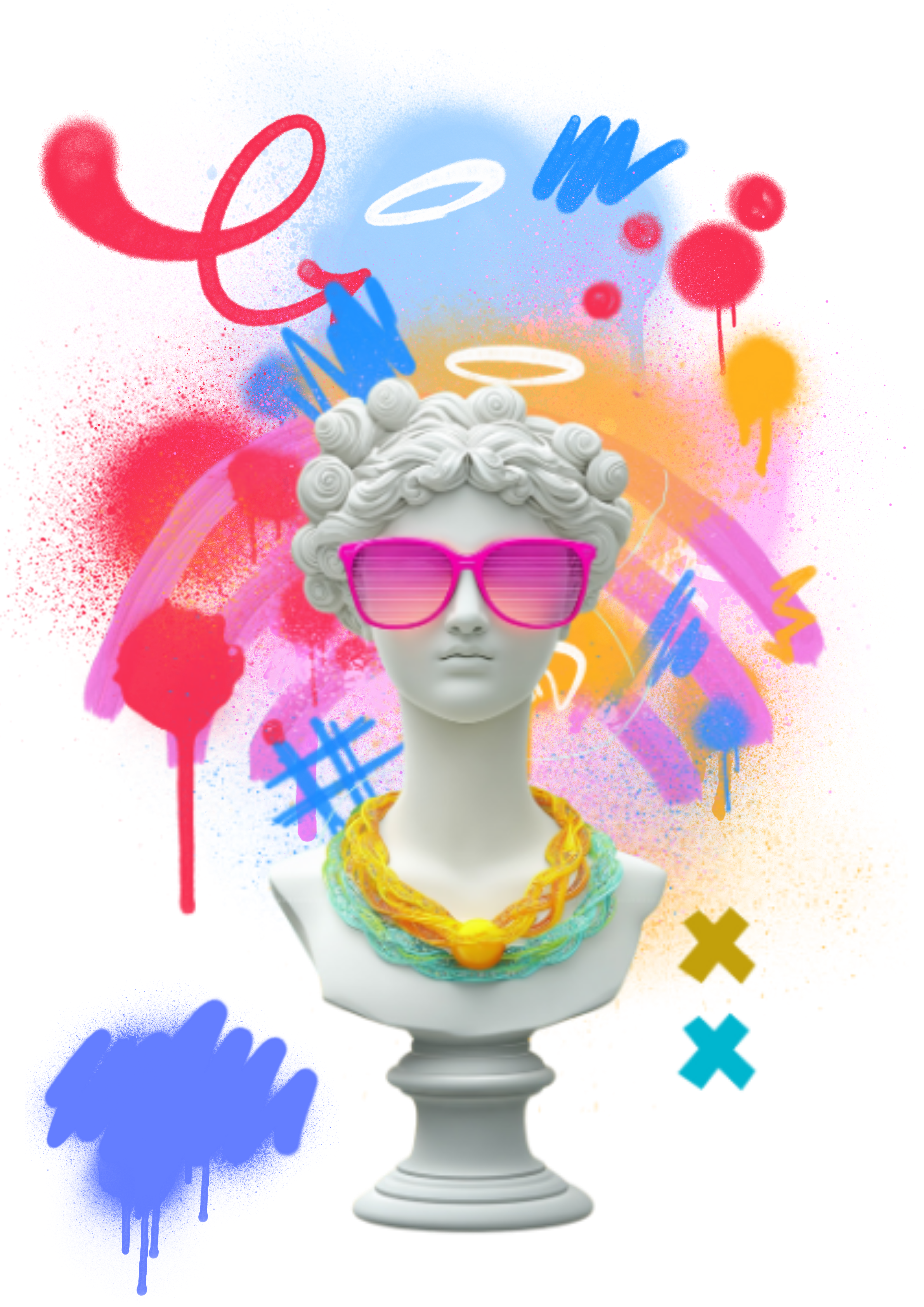 A white bust of a woman with curly hair and pink sunglasses, decorated with colorful necklaces. The background features vibrant graffiti art with spray-painted words and splashes of bright colors.