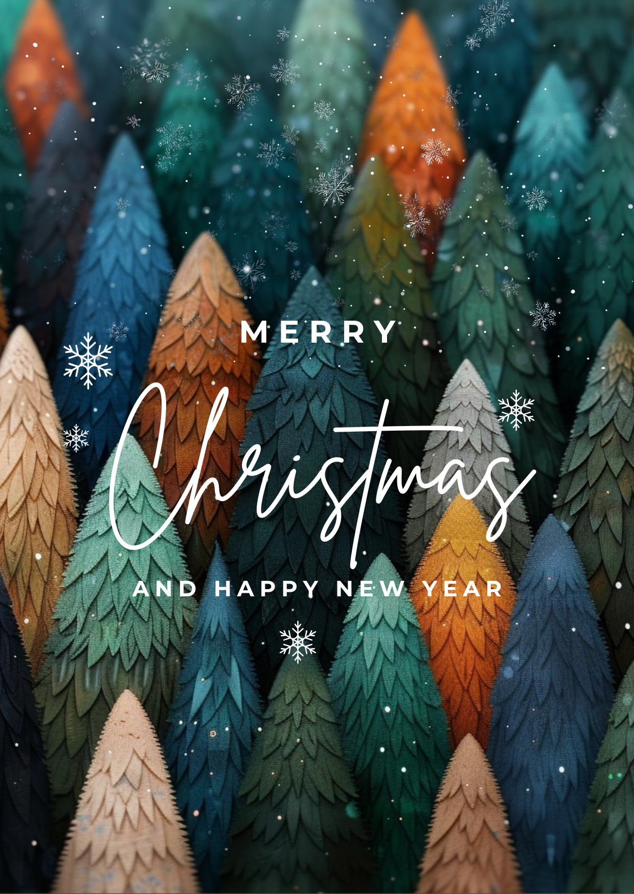 Colorful paper trees with snowflakes and holiday message that reads, "Merry Christmas and Happy New Year."