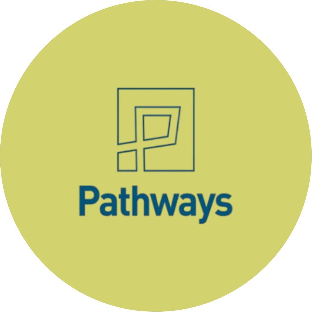 A lime green circular background with a stylized, geometric outline of a square and question mark, and the word 'Pathways' in bold blue text underneath.