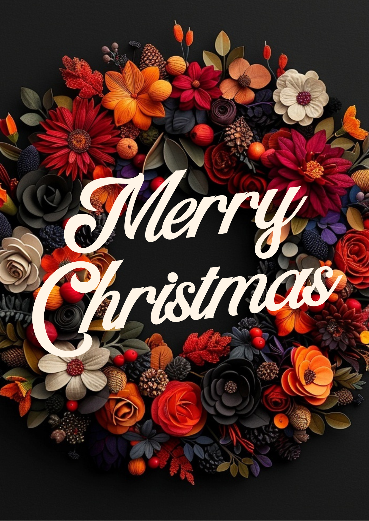 A Christmas wreath made of colorful artificial flowers and foliage with the text "Merry Christmas" in white script overlaying the center.