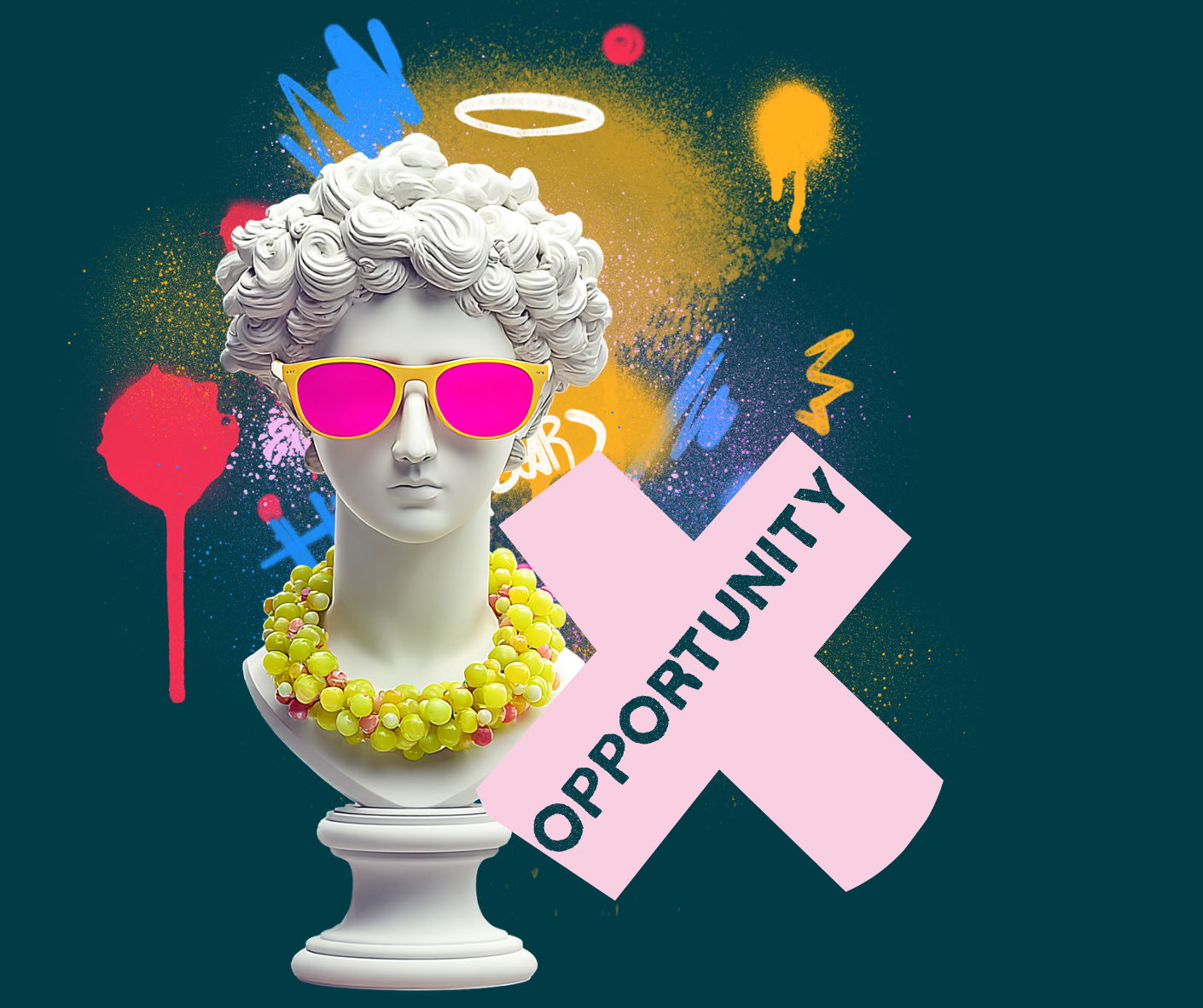 Group photo of six diverse adults posing indoors against a plain wall.