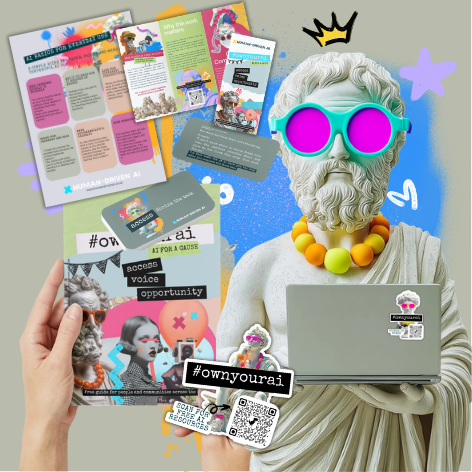 A statue with colorful sunglasses and a beaded necklace using a laptop, surrounded by flyers, stickers, and a hand holding brochures, with a background featuring abstract shapes and doodles.