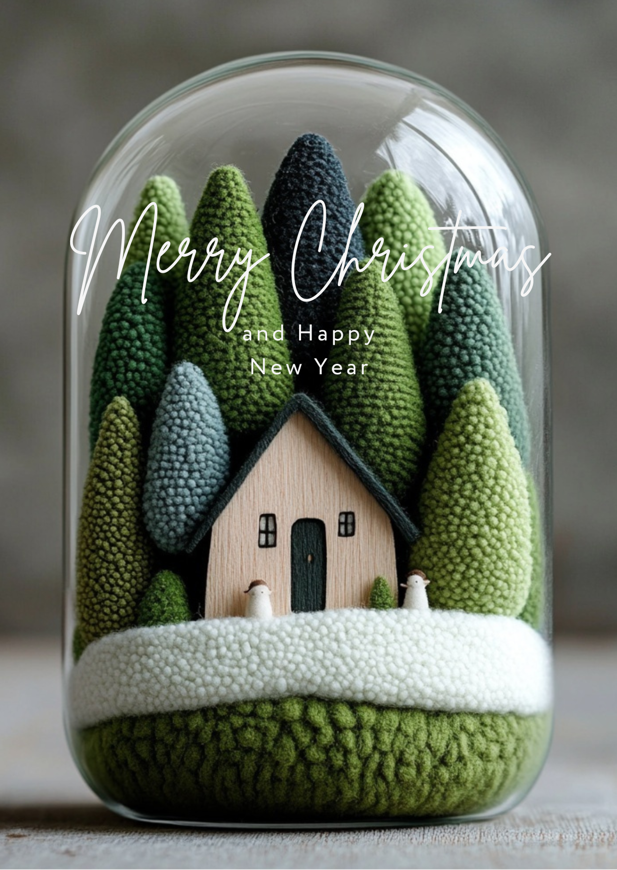 Decorative holiday scene inside a glass dome featuring miniature felt trees in shades of green and blue, a small wooden house, and miniature white sheep, with overlaid text reading 'Merry Christmas and Happy New Year'.