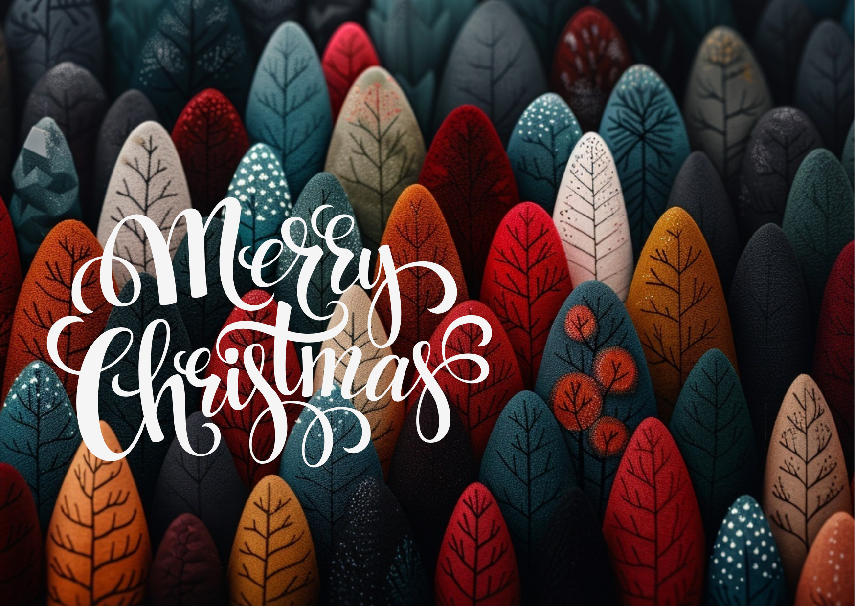 Colorful, stylized trees with the text 'Merry Christmas' overlayed.