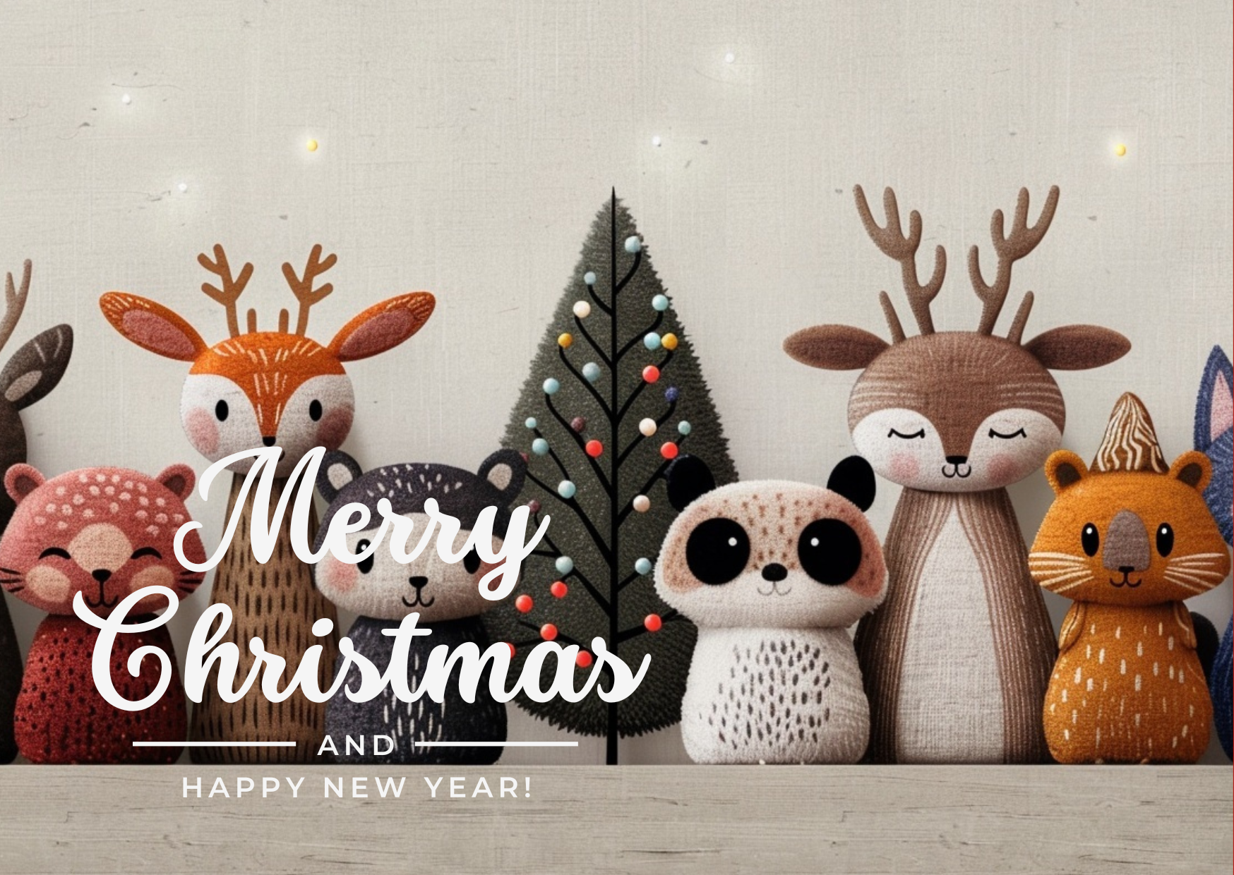 Crafted plush holiday decor with reindeer, bear, panda, tiger, and fox figures surrounding a decorated Christmas tree, with overlaid text reading 'Merry Christmas and Happy New Year!'