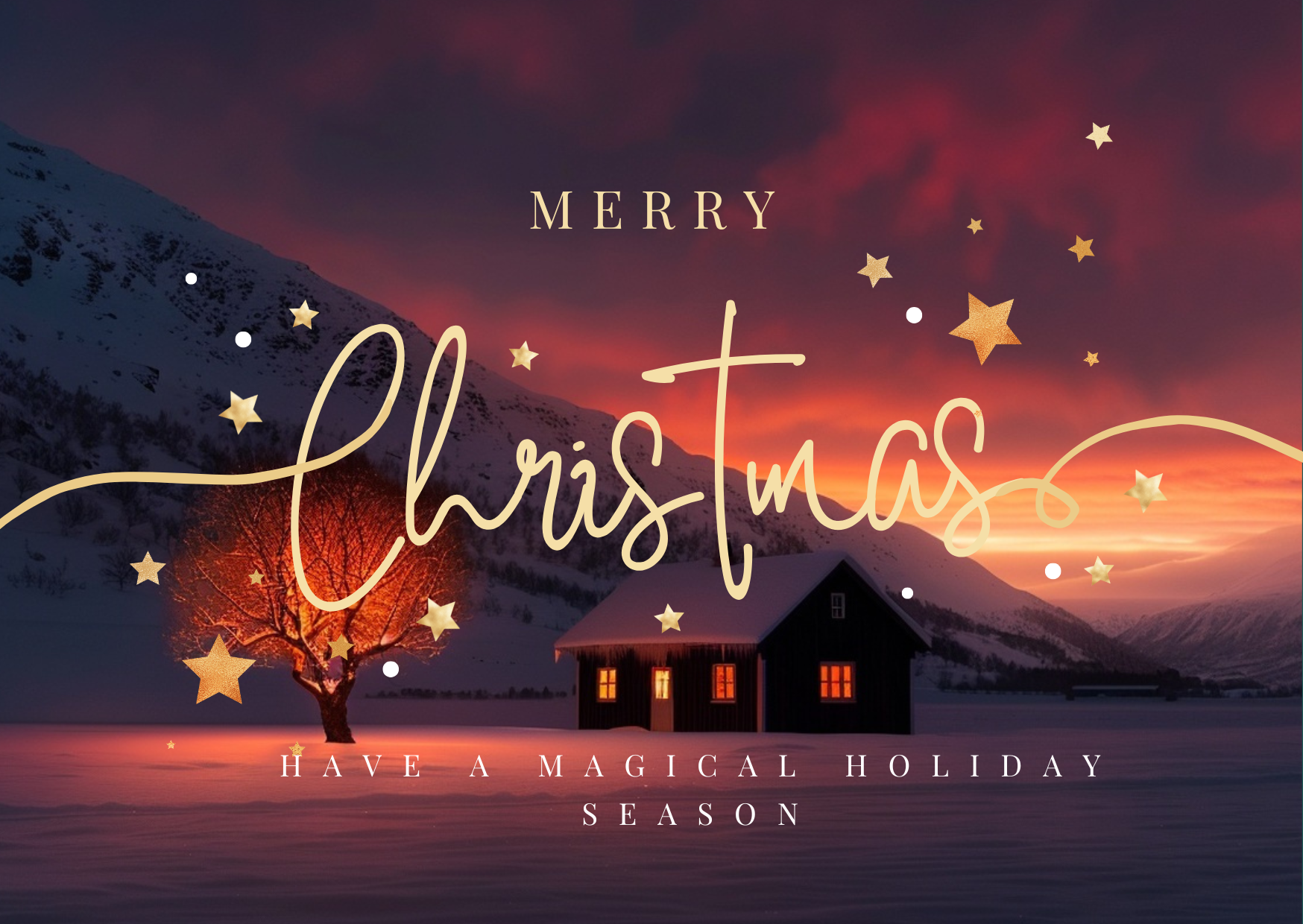 A winter scene at sunset with snow-covered mountains, a dark house with lit windows, a leafless tree glowing in orange light, and colorful stars and dots overlayed with holiday text.