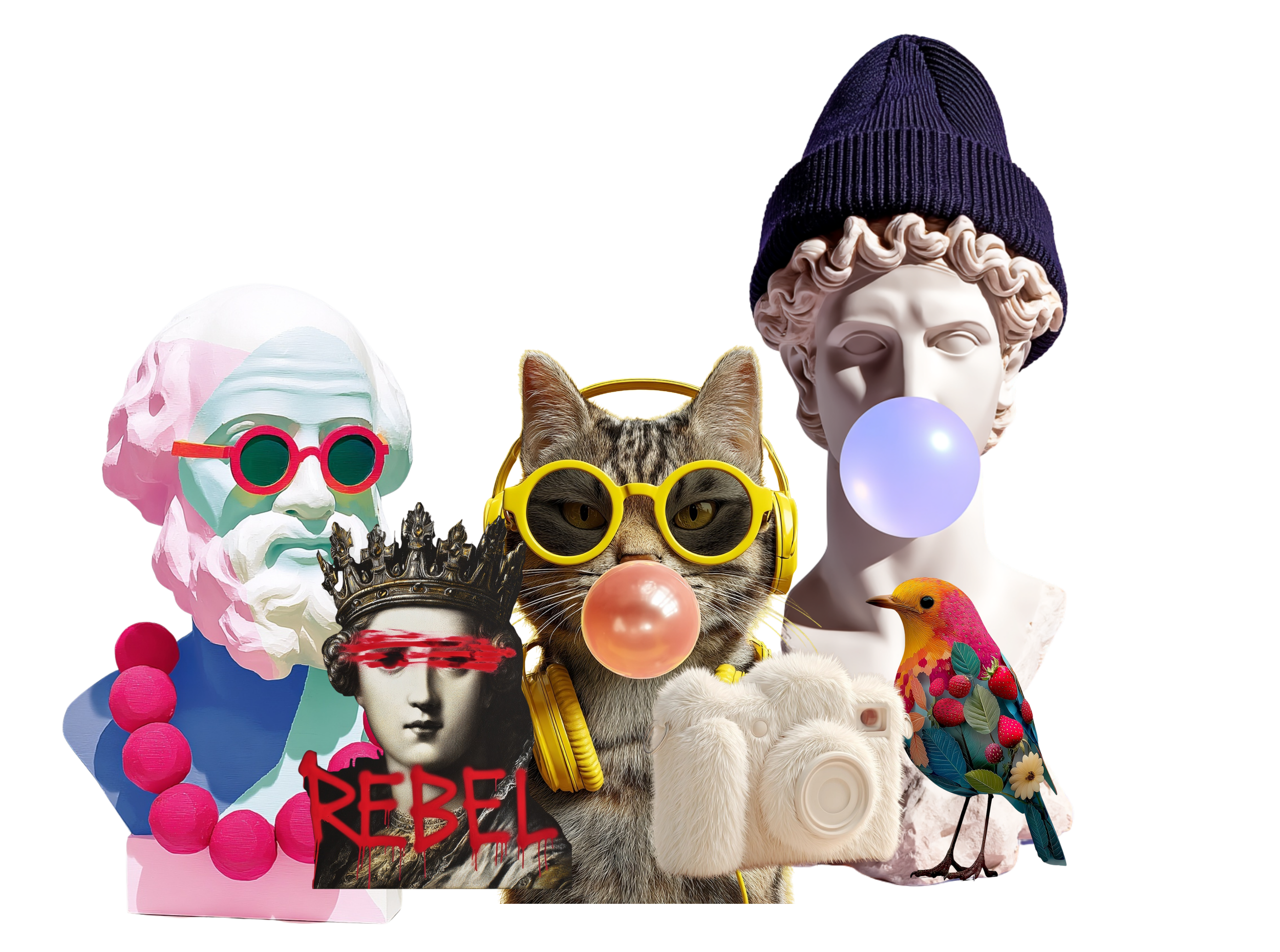 A collage of various objects including classical sculptures, a cat with sunglasses and a bubblegum bubble, a colorful bird, a photo of a woman with a crown and red streaks across her eyes labeled 'REBEL', a vintage camera, and other eclectic items.
