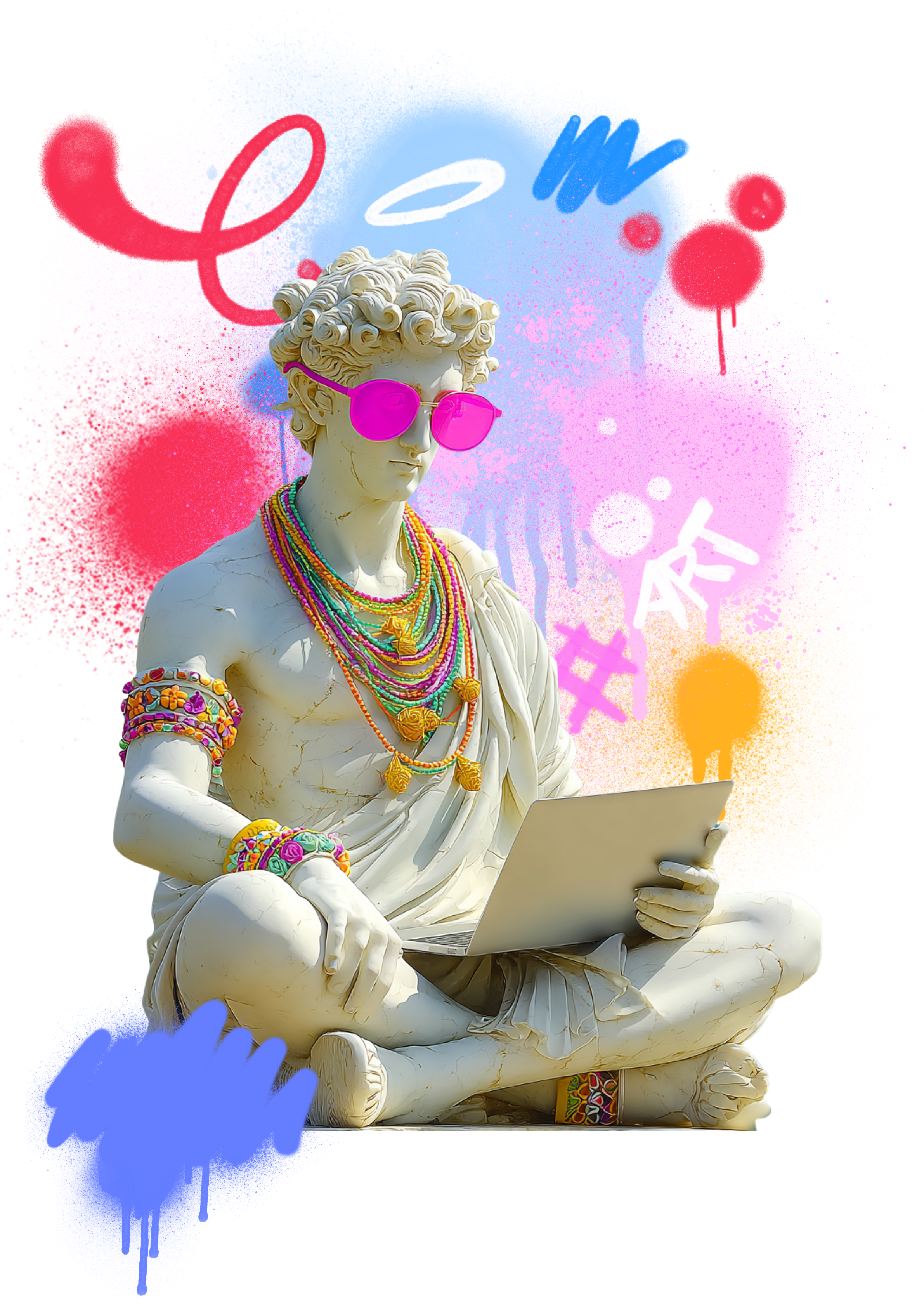 A statue of a classical figure wearing pink sunglasses and colorful jewelry, sitting cross-legged and using a laptop, with vibrant spray-painted graffiti in the background.