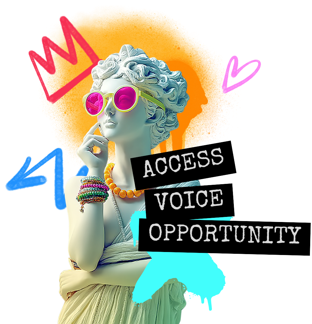 A statue resembling 'The Thinker' with colorful accessories and pink sunglasses, surrounded by vibrant graffiti-style colors and the words 'Access Voice Opportunity' on black and white text blocks.