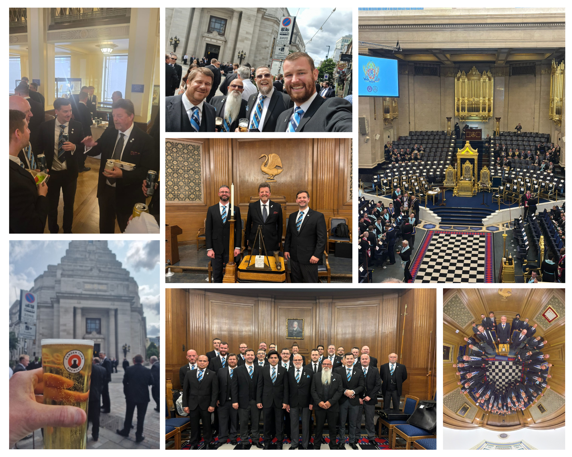 Collage of photos from a formal event and sightseeing. Top left shows men in suits drinking beers and chatting indoors. Top center depicts smiling men in suits taking a selfie outside in a city. Top right shows a large, ornate hall with a stage and seating, possibly a parliamentary or legislative chamber. Middle left features a landmark building with a hand holding a beer glass in front. Middle center displays three men in suits posing inside a room with wooden walls. Middle right shows a group of men in suits standing in a wooden-paneled room. Bottom right is a fisheye view of men in suits standing in a circle in a decorated room with a checkered floor.