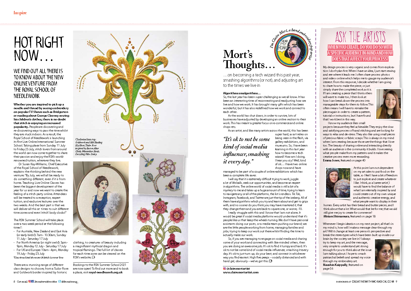 A magazine spread with text and images, including an illustration of a stylized butterfly, three embroidered patches with floral designs, and a woman with long hair in a circular frame.