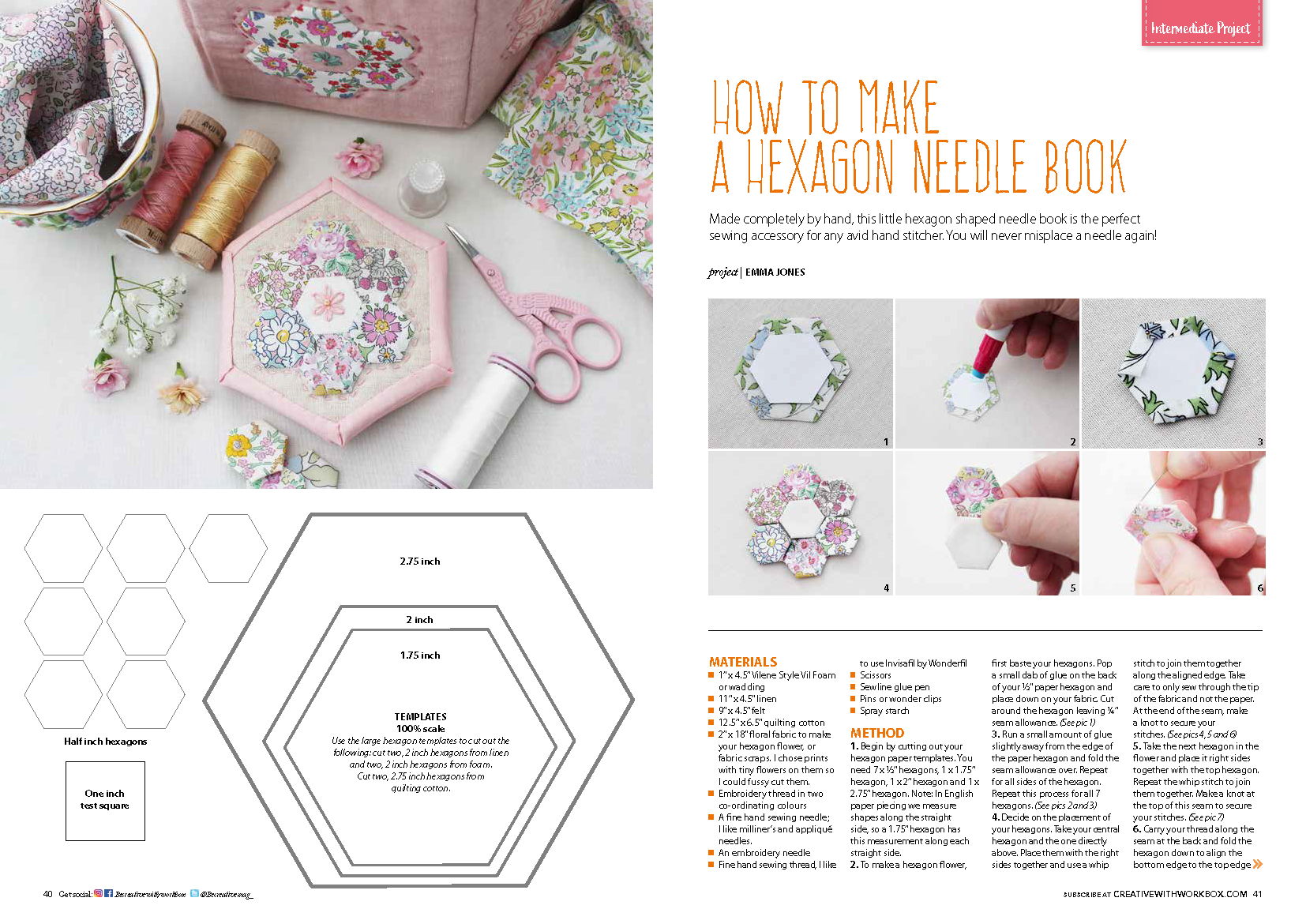 Photo of a craft workspace with floral fabric, pink scissors, thread spools, a needle book, embroidery floss, and small flower decorations, demonstrating hexagon-shaped sewing project.