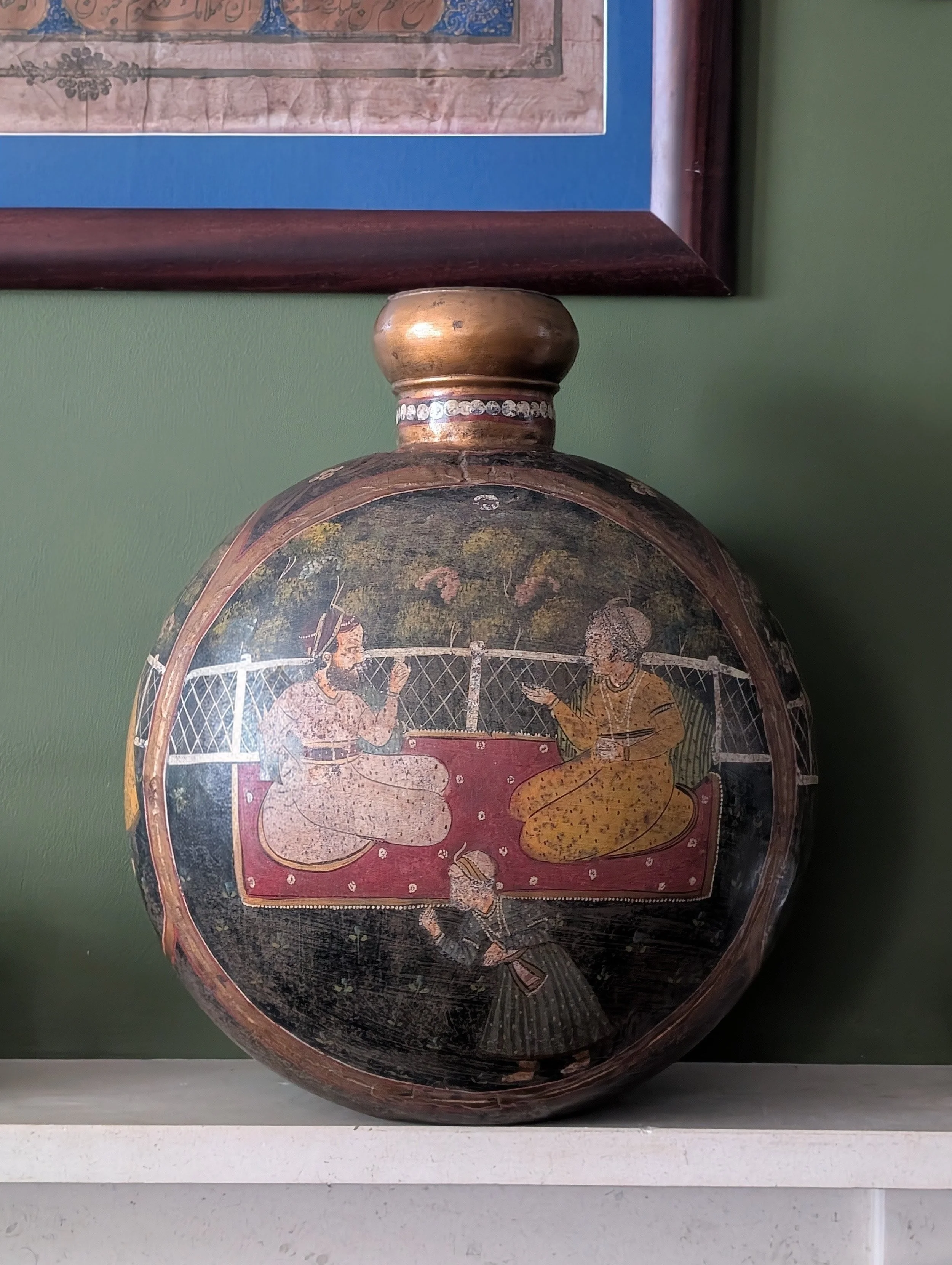 A large painted metal Kashmiri flask