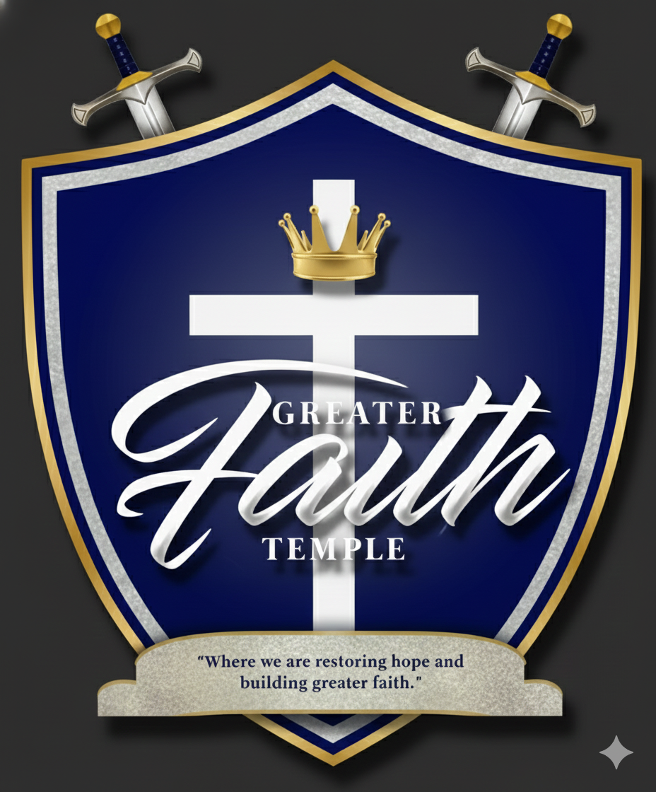A shield-shaped emblem with two crossed swords at the top, a crown above the cross, a white cross in the center, and the words 'Greater Faith Temple' overlaid on the cross. There is a ribbon at the bottom with the text 'Where we are restoring hope and building greater faith.'