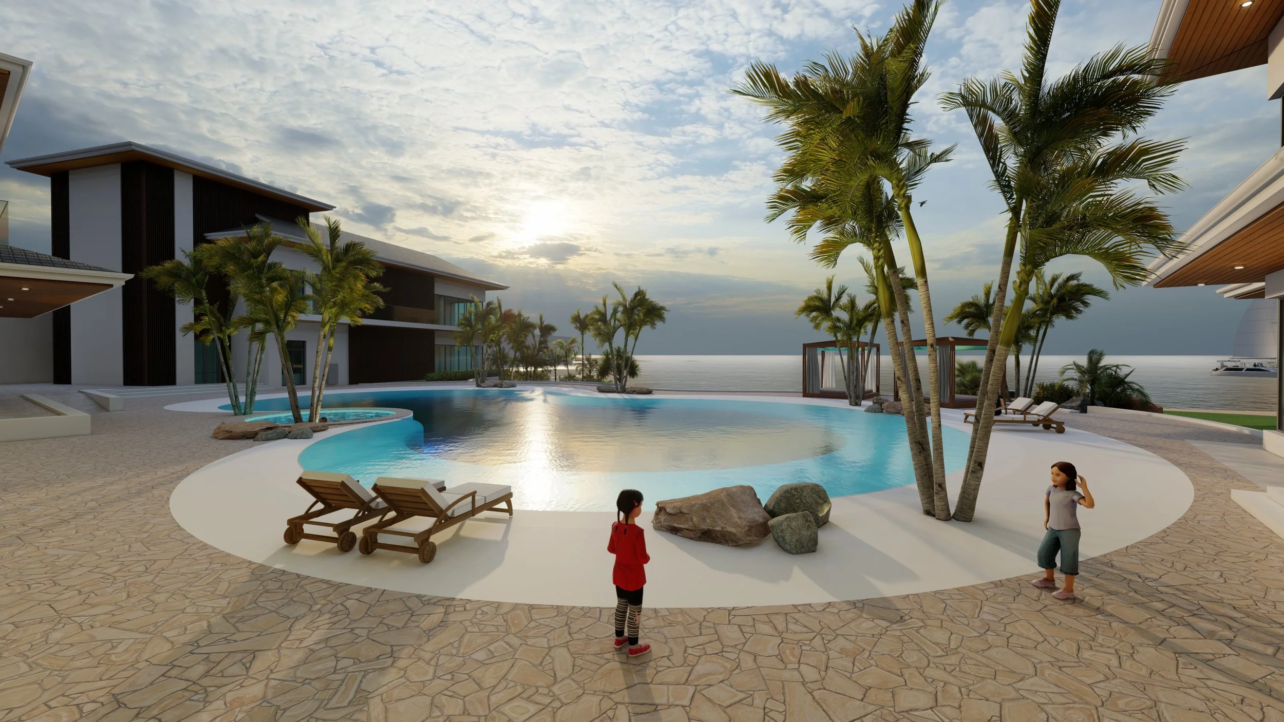 Modern beachfront pool area with palm trees, lounge chairs, and kids playing, overlooking the ocean at sunset.