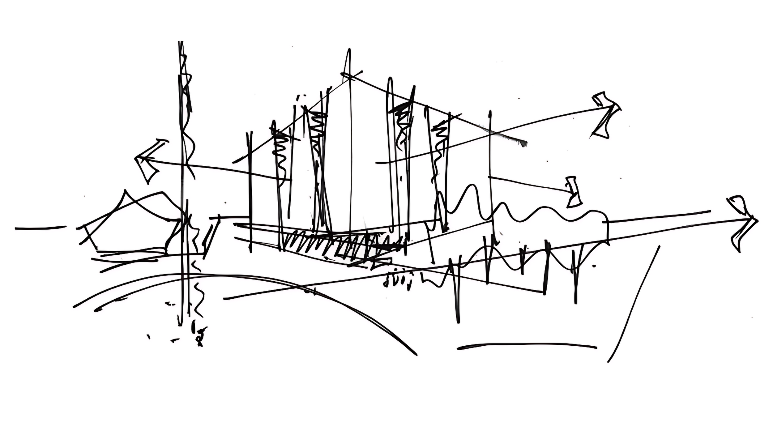 A line sketch of a building with tall windows, surrounded by abstract lines and shapes, including arrows pointing outward.