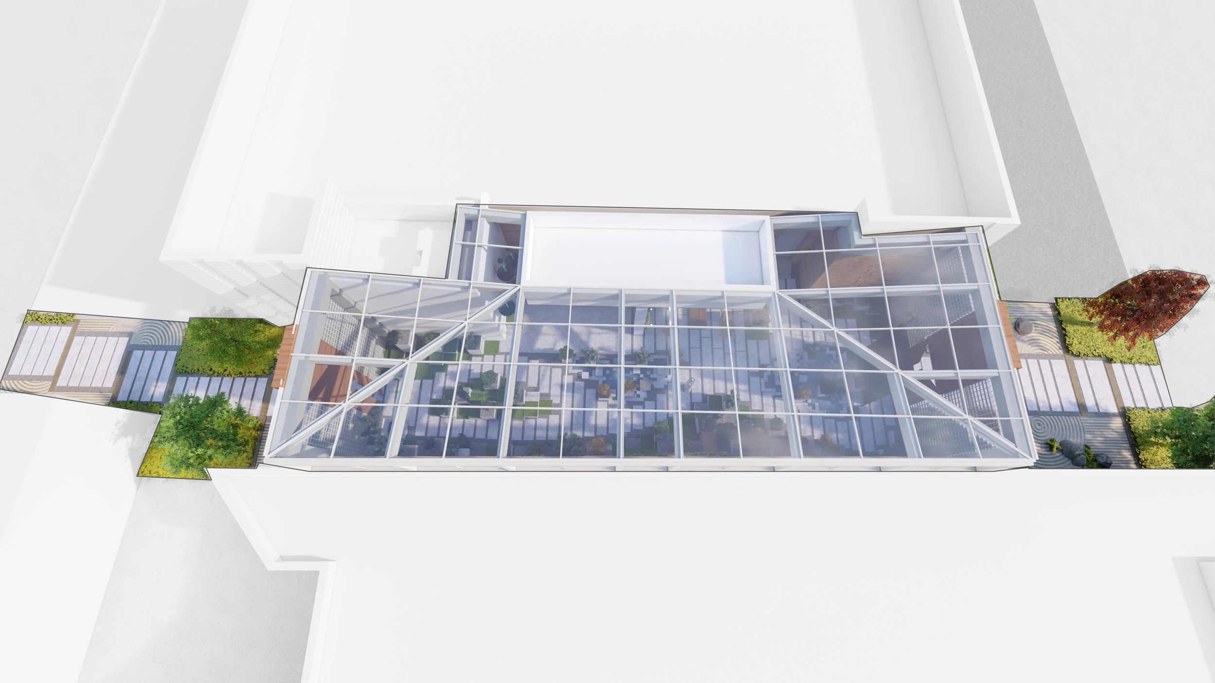 A top-down view of a modern greenhouse with a glass roof, surrounded by landscaped gardens and pathways.