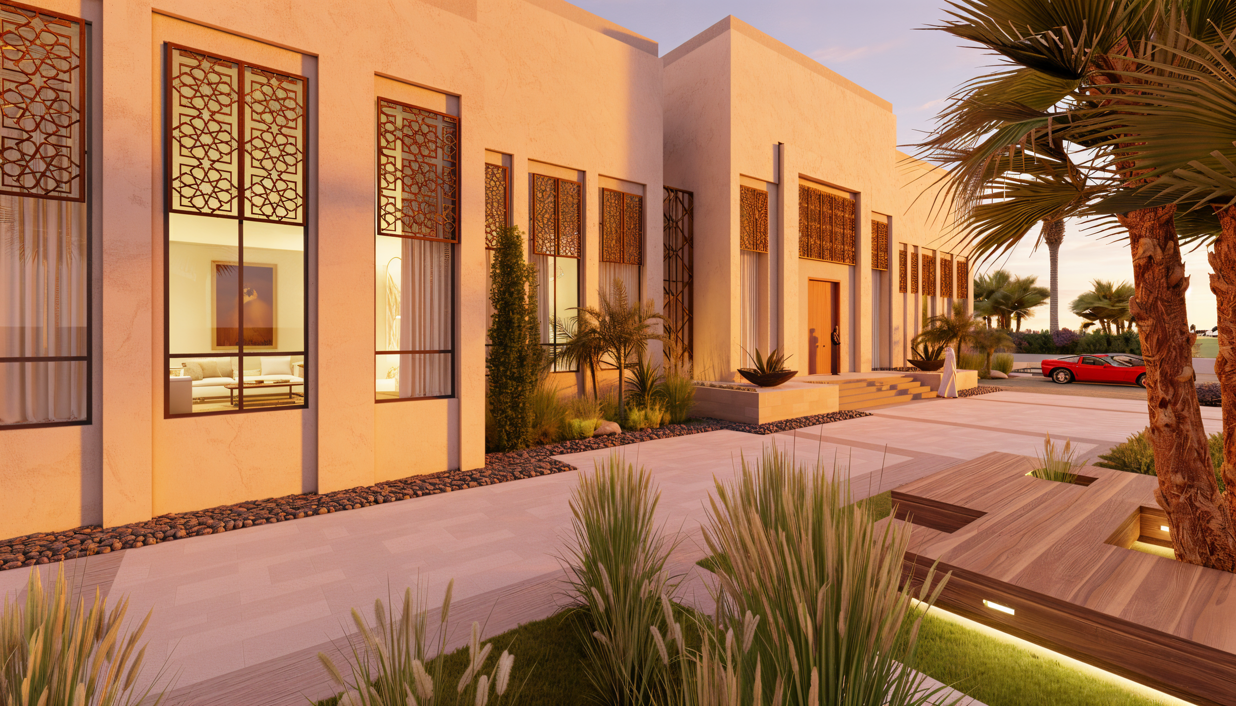 Modern building exterior with large windows, desert landscaping, palm trees, and a red sports car parked nearby at sunset.