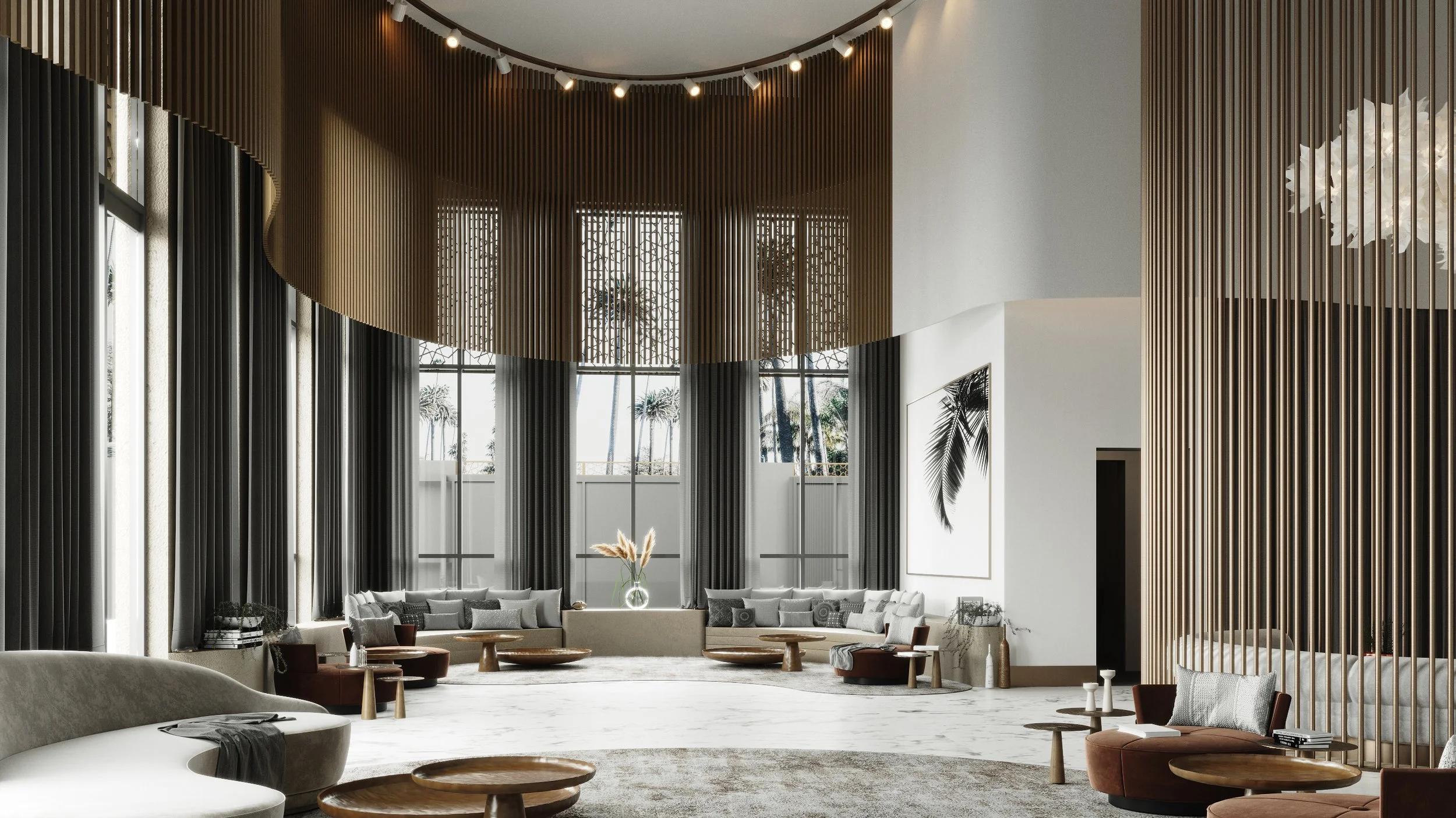 Elegant hotel lobby with high ceilings, large windows, modern furniture, and wooden slatted dividers.