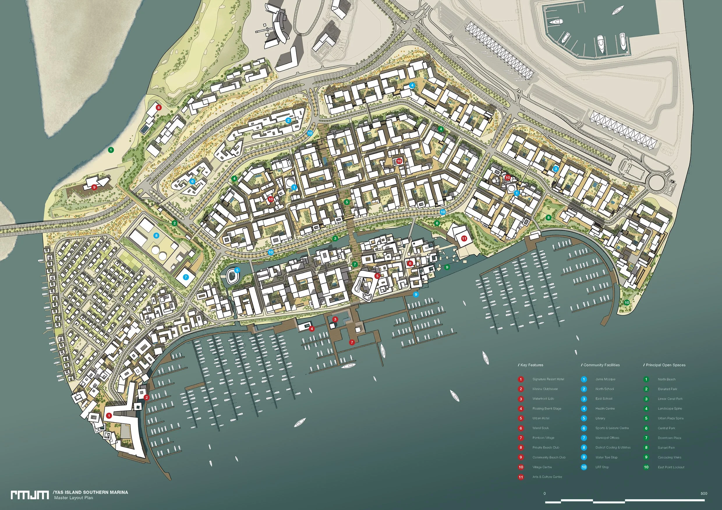 A detailed master layout map of YAS Island Southern Marina, showing buildings, roads, parks, marina docks, and key community facilities with a legend for various points of interest.