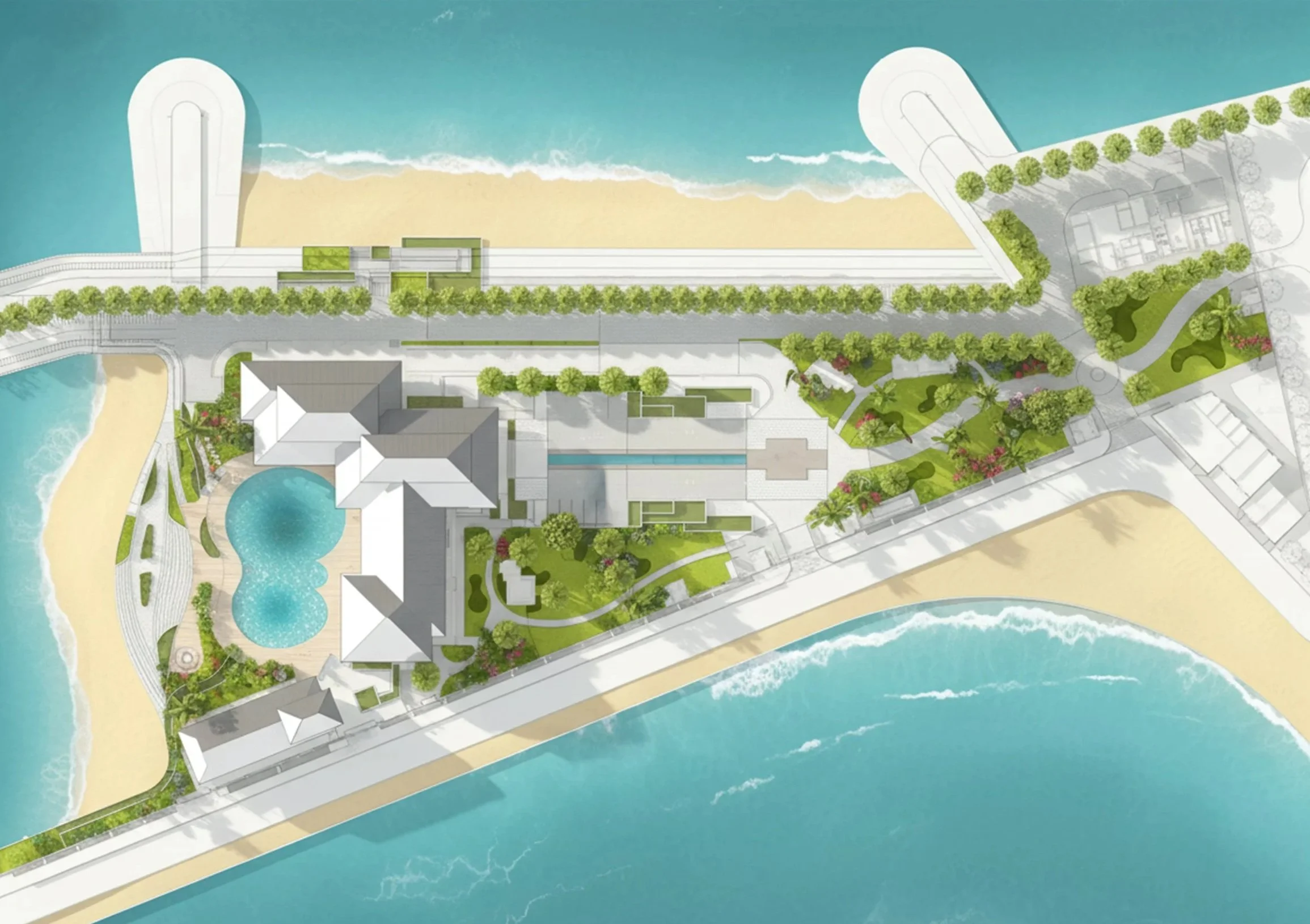 A detailed aerial plan of a beachfront resort with buildings, pools, gardens, pathways, and a pier extending into the ocean.