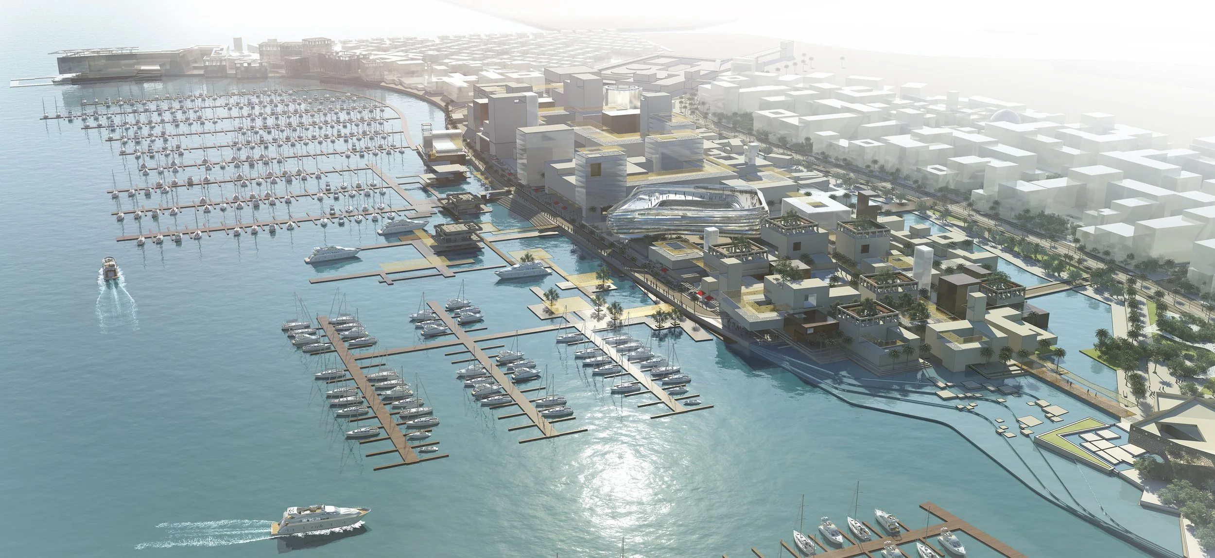 Aerial view of a modern marina with multiple docks and boats, adjacent to an urban waterfront development with buildings and green spaces.