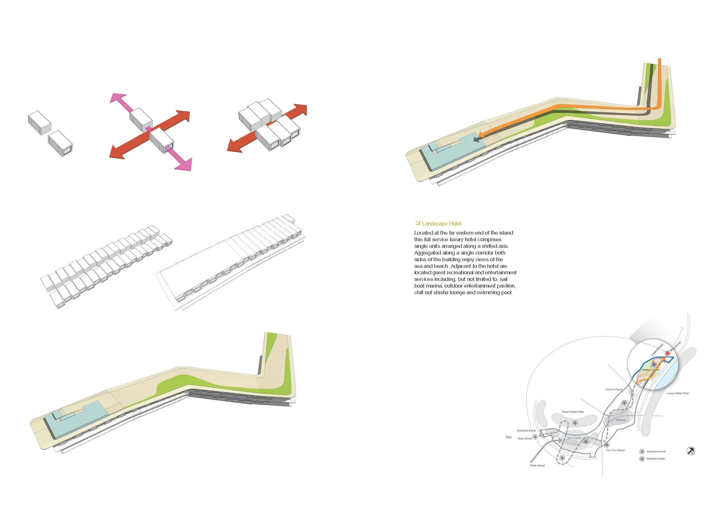 Architectural site plan and diagrams of a landscape hotel with detailed layouts, color-coded pathways, and descriptive text.