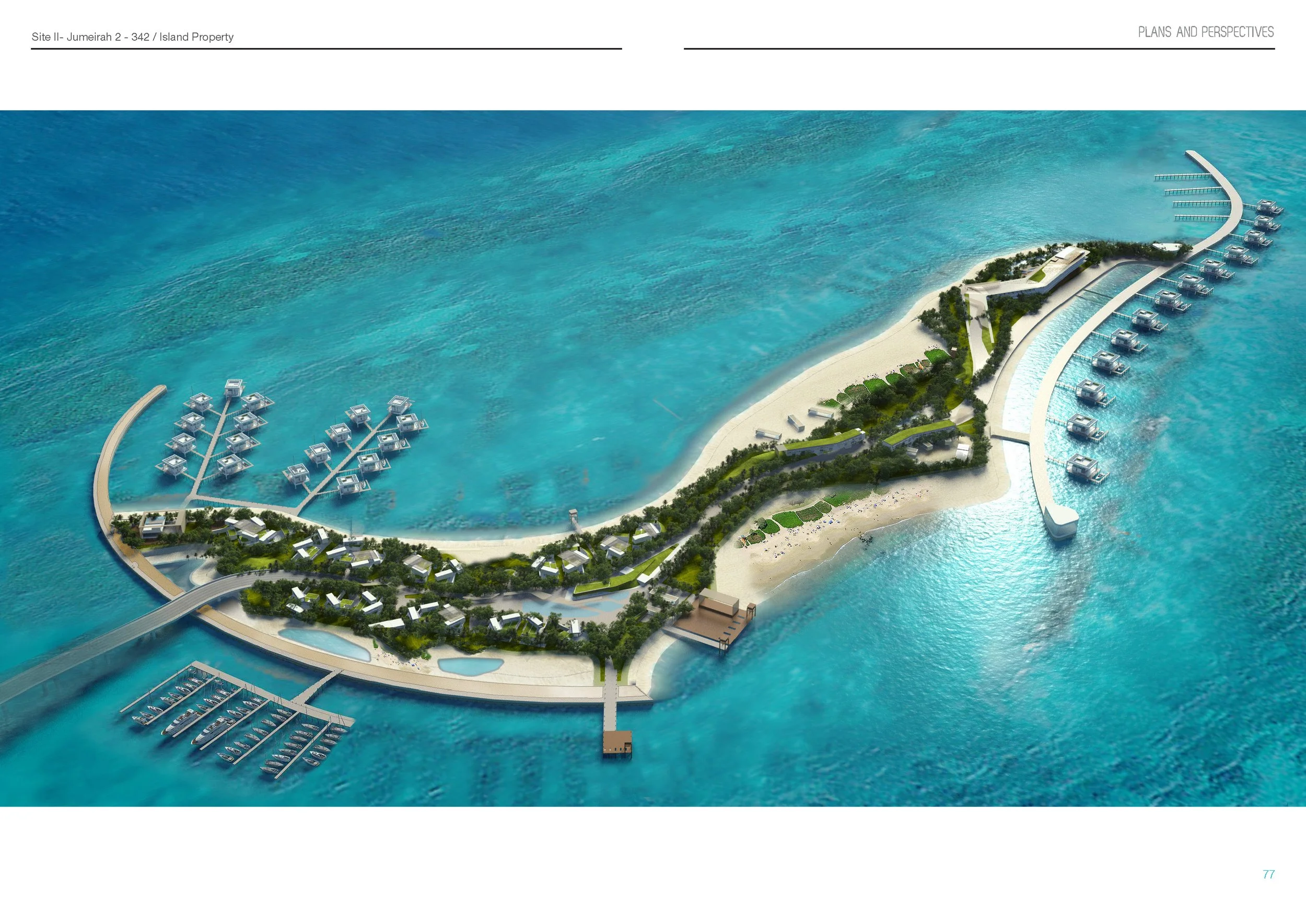 Aerial view of a luxury island resort with overwater bungalows, a marina, green landscaped areas, a sandy beach, and a pier extending into the turquoise ocean.