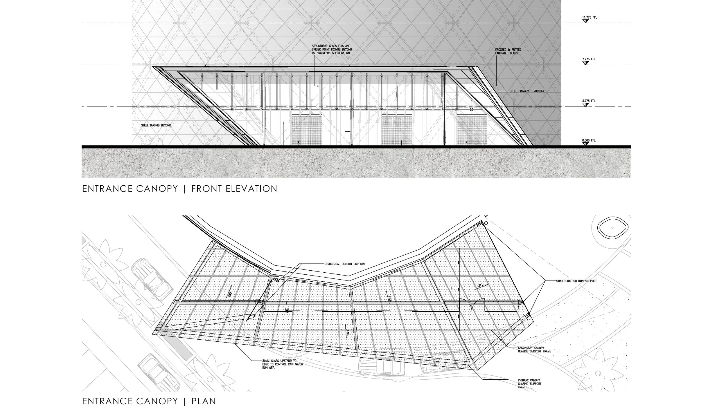 Architectural blueprint of a building showing front elevation and plan view of an entrance canopy with structural details