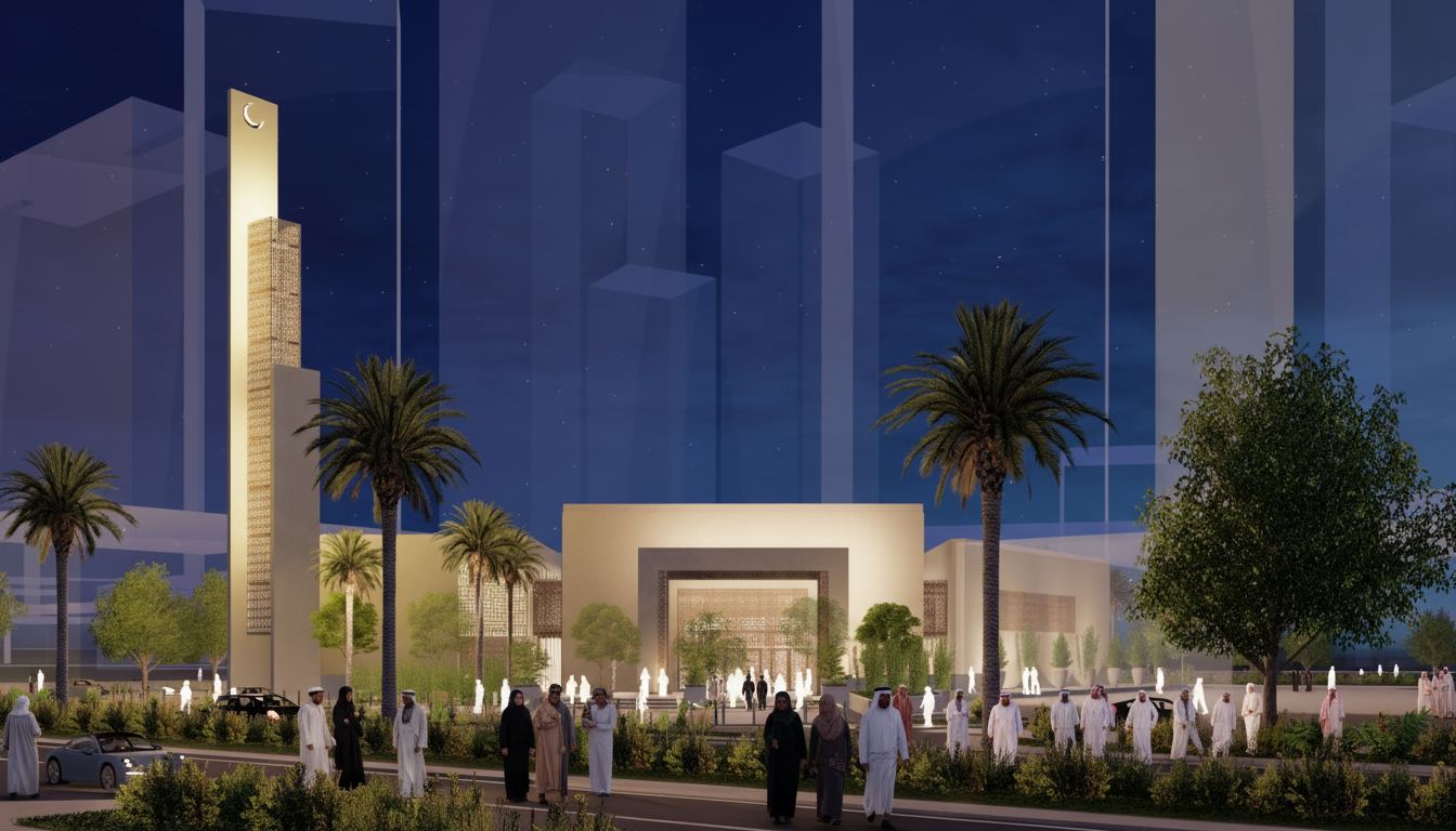 Nighttime scene of a modern architectural building with a tall tower, palm trees, and people in traditional Middle Eastern attire walking around, with a starry sky in the background.