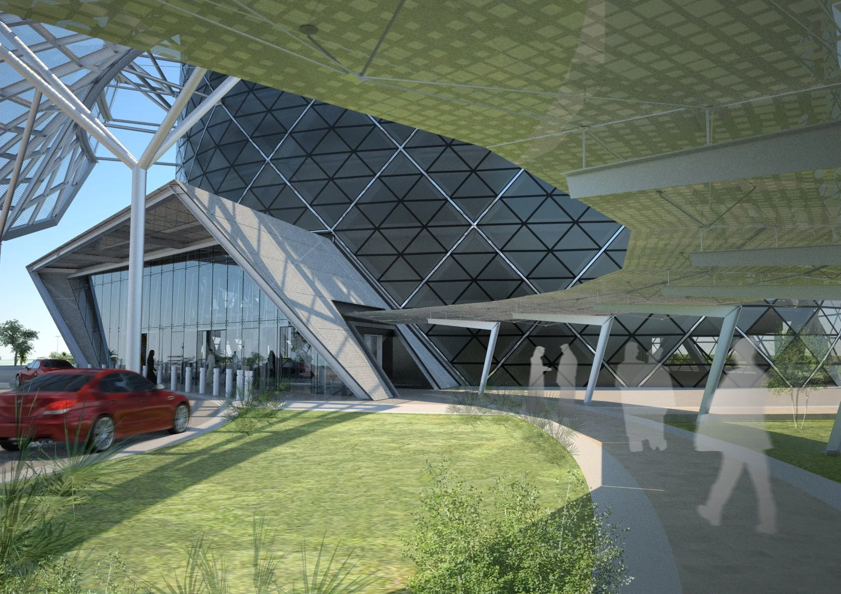 Modern architectural building with glass and metal design, a curved walkway, and people entering and exiting, along with a red car in front.