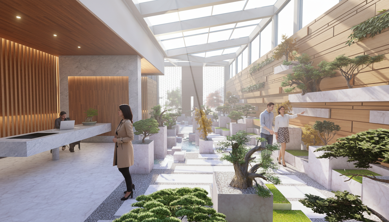 Interior of a modern building with a glass ceiling, featuring a lobby area with a reception desk, a woman standing, and two people viewing a landscaped indoor garden with bonsai trees and small plants.