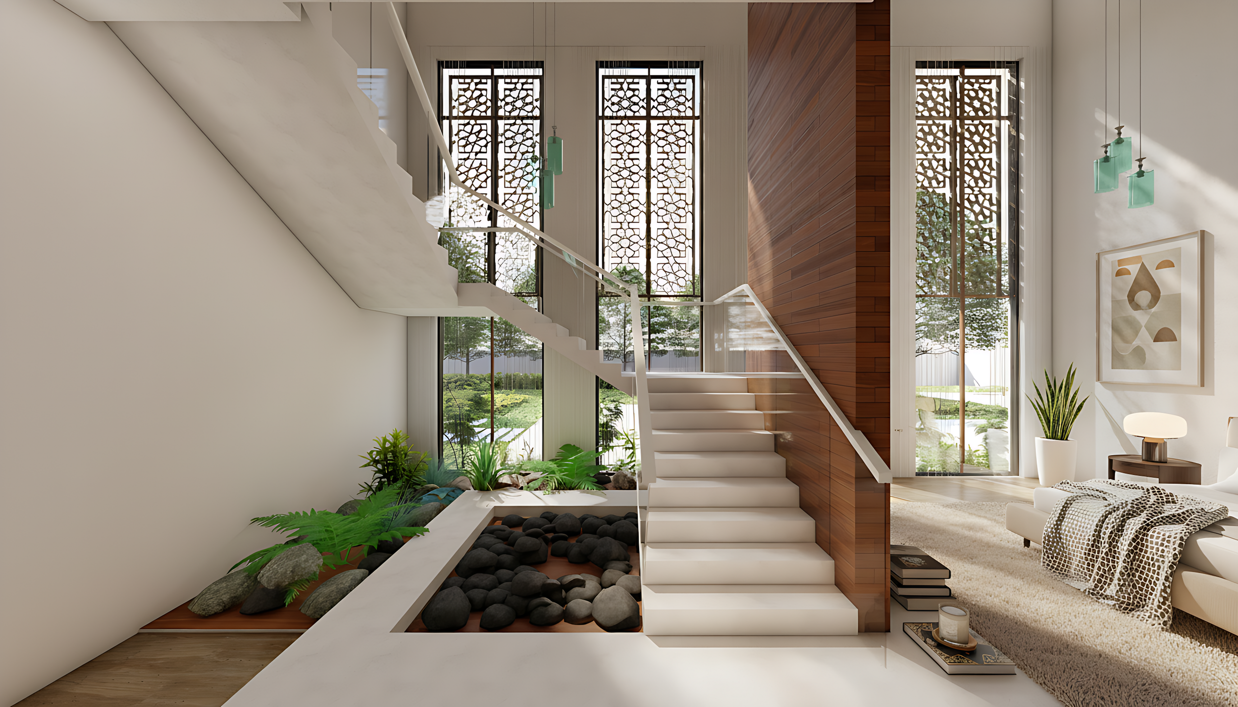 Modern living room with high ceilings, large windows with decorative wooden screens, a staircase with white steps and a wooden wall, indoor plants, a white sofa with a patterned blanket, a side table, a wall art, and hanging lights.