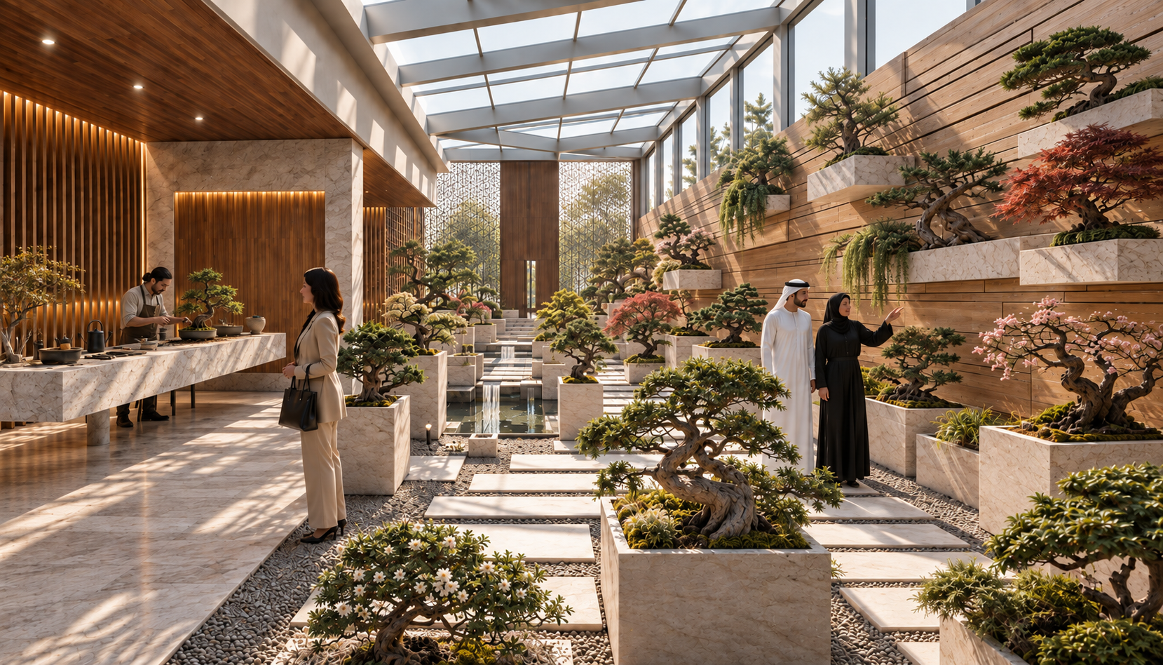 Interior of a modern building with a glass ceiling, featuring a lobby area with a reception desk, a woman standing, and two people viewing a landscaped indoor garden with bonsai trees and small plants.