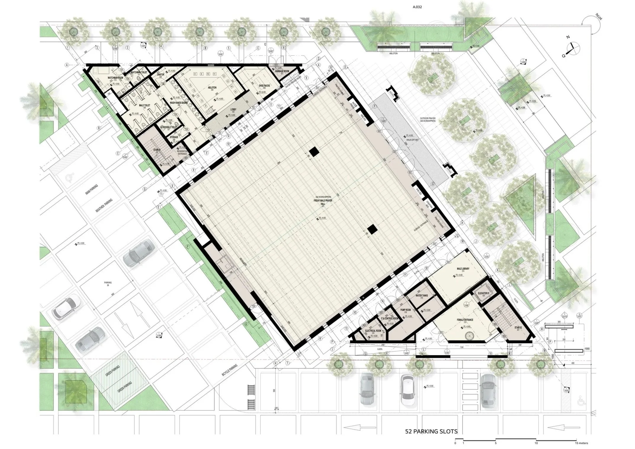 Architectural site plan of a large building with an outdoor area and parking lot, including trees and landscape details.