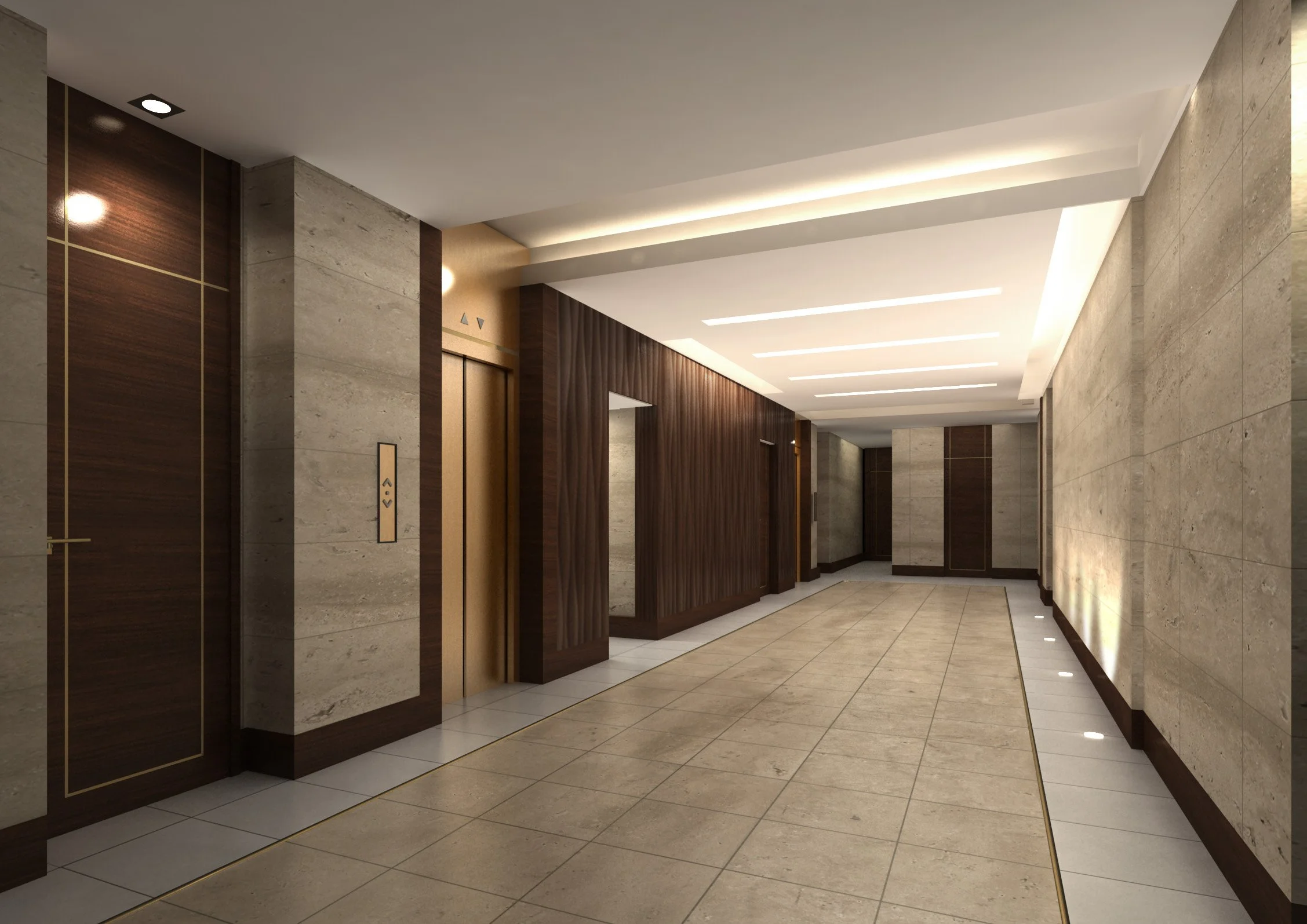 Lobby area with beige tile flooring, dark wood paneling, and an elevator door.
