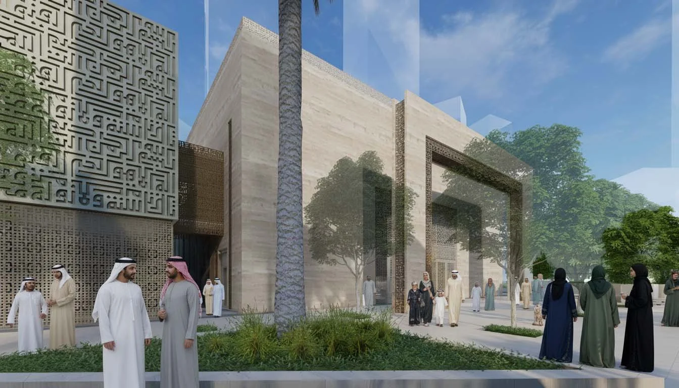 A group of people outside a modern building with intricate architectural designs, some wearing traditional Middle Eastern attire, and a large tree in front of the building on a sunny day.